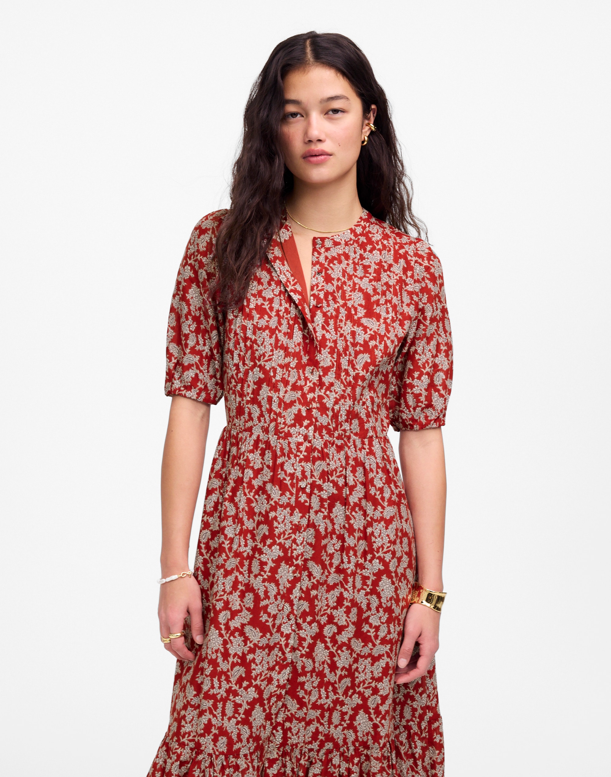 Petite Pintucked Puff-Sleeve Midi Dress in Floral