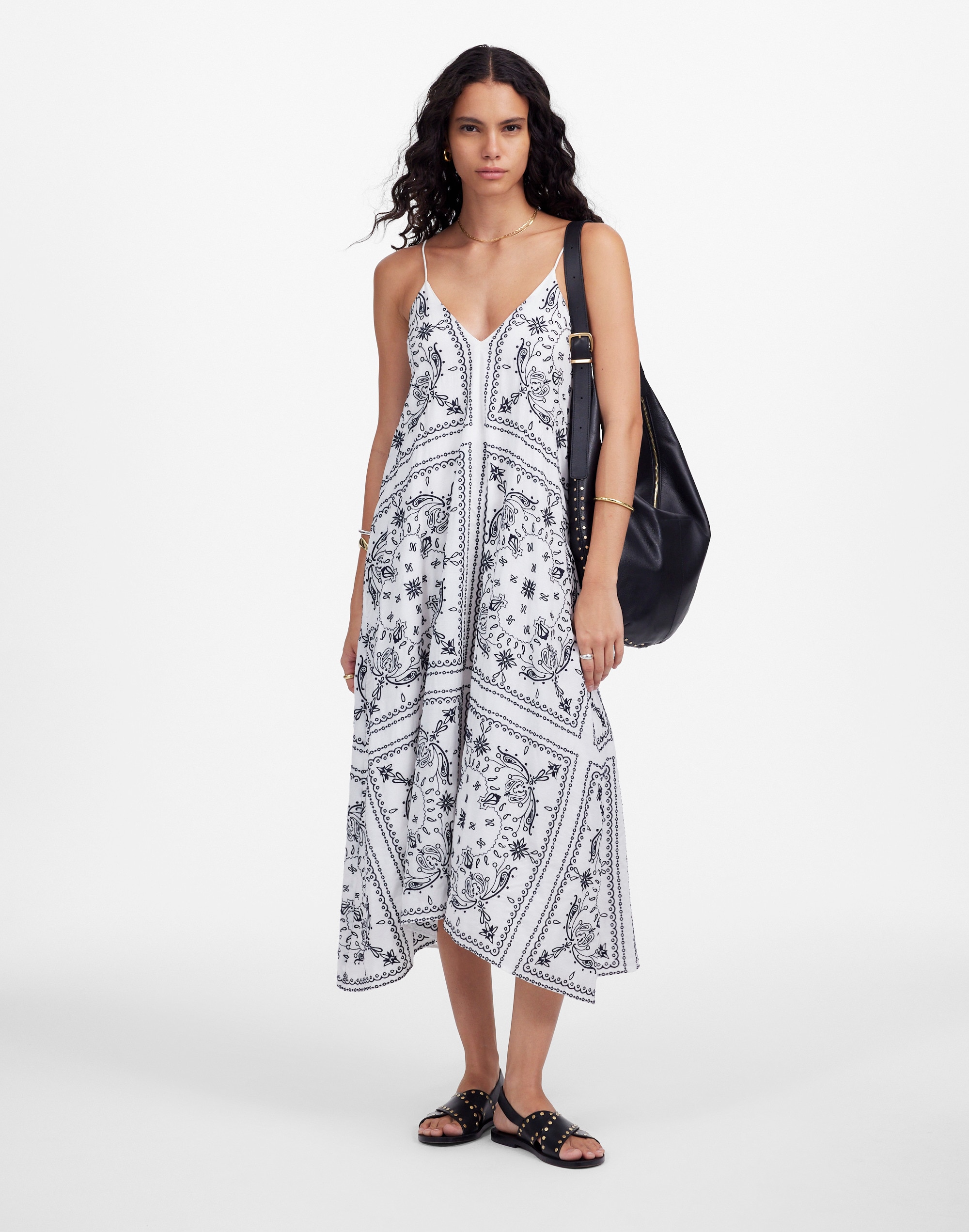 embroidered deep v-neck midi dress in bandana