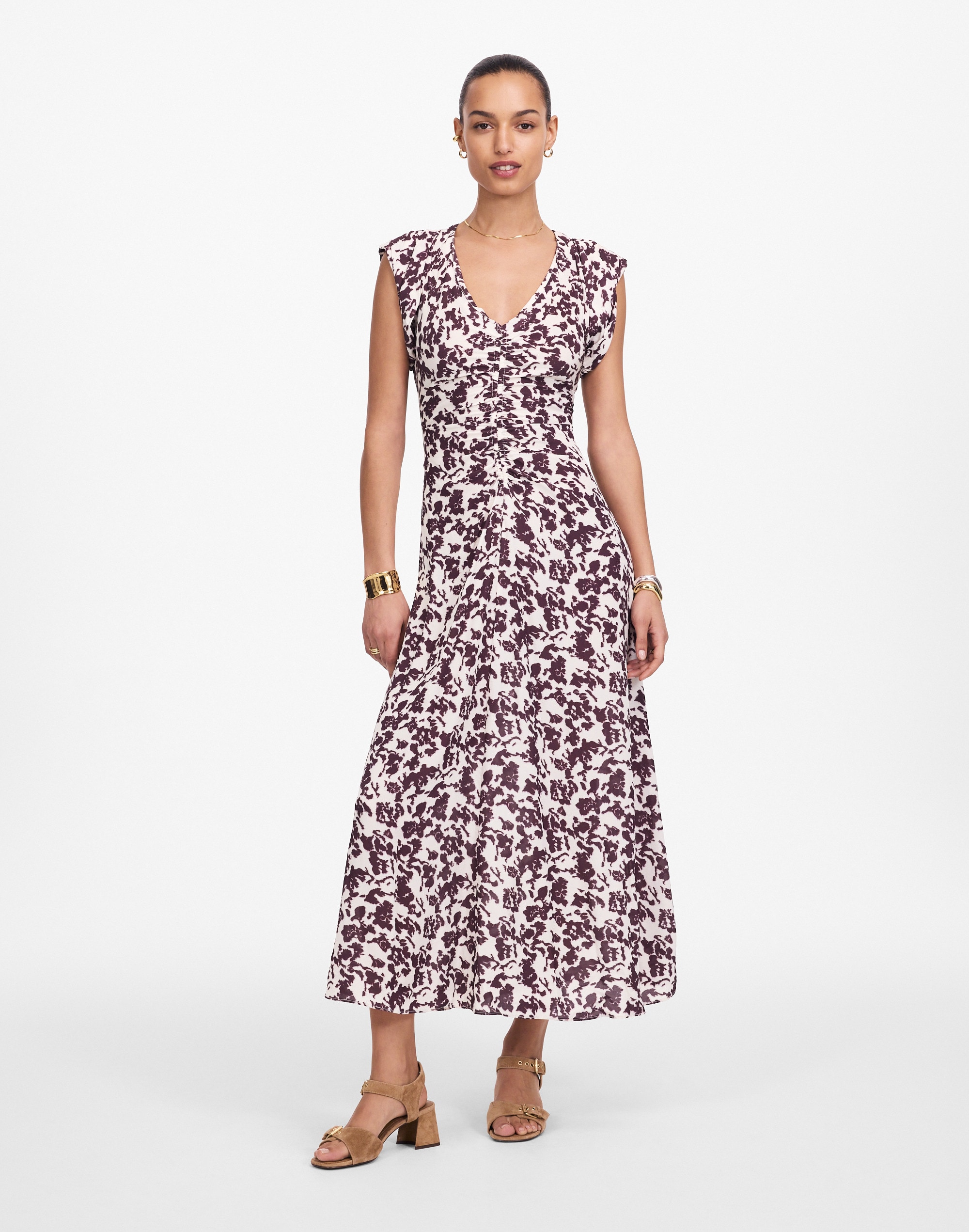 ruched flutter sleeve midi dress