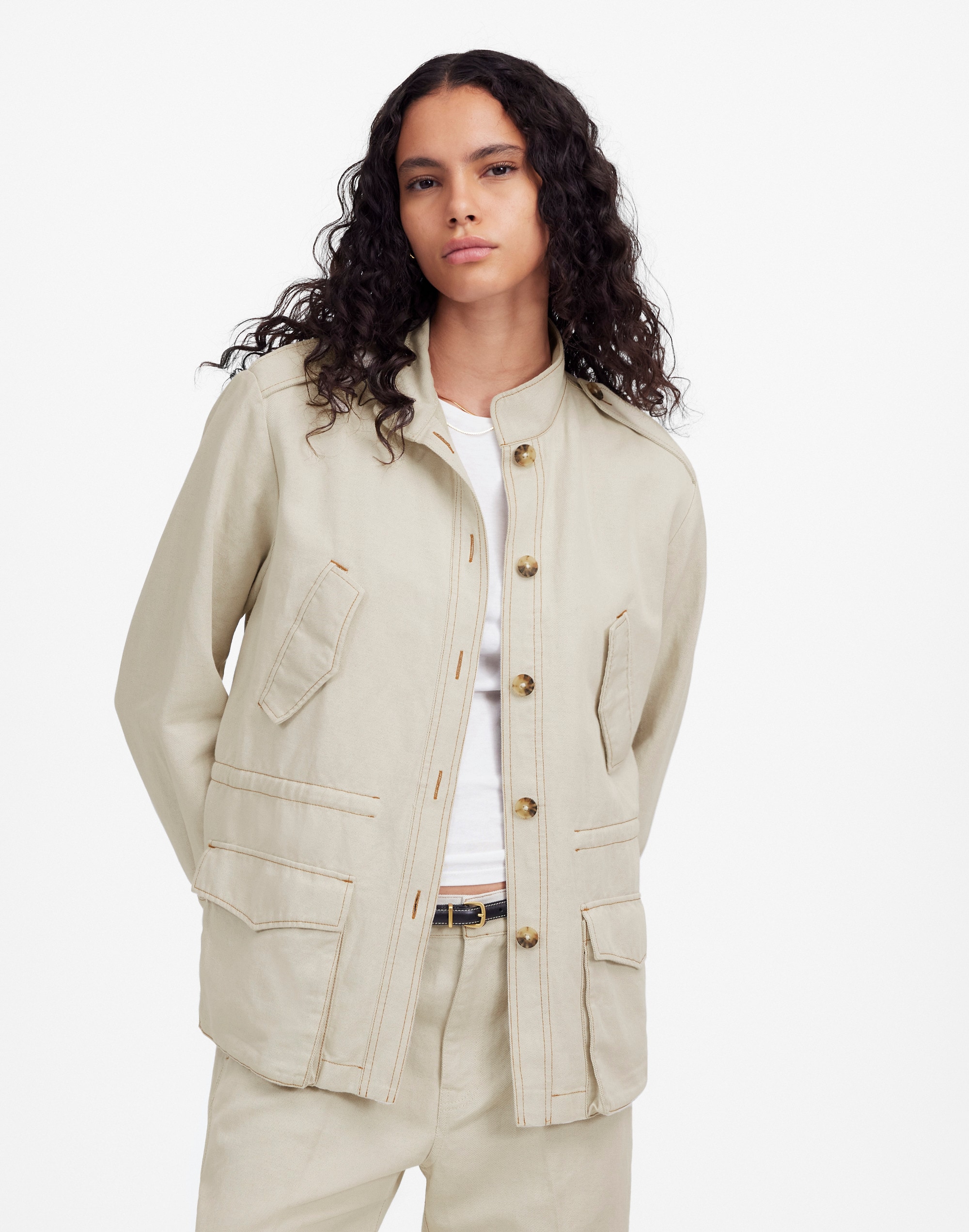 cinched utility jacket in italian linen twill