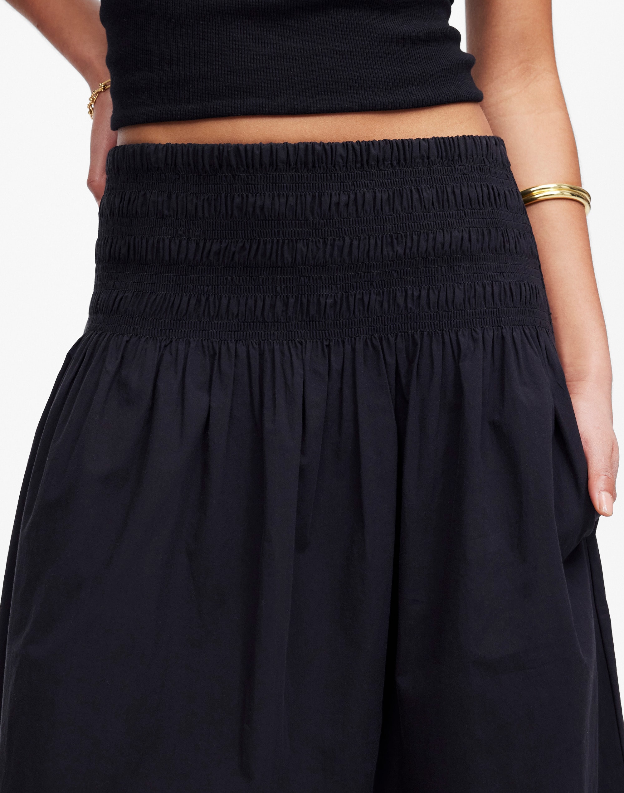 Smocked-Waist Poplin Midi Skirt