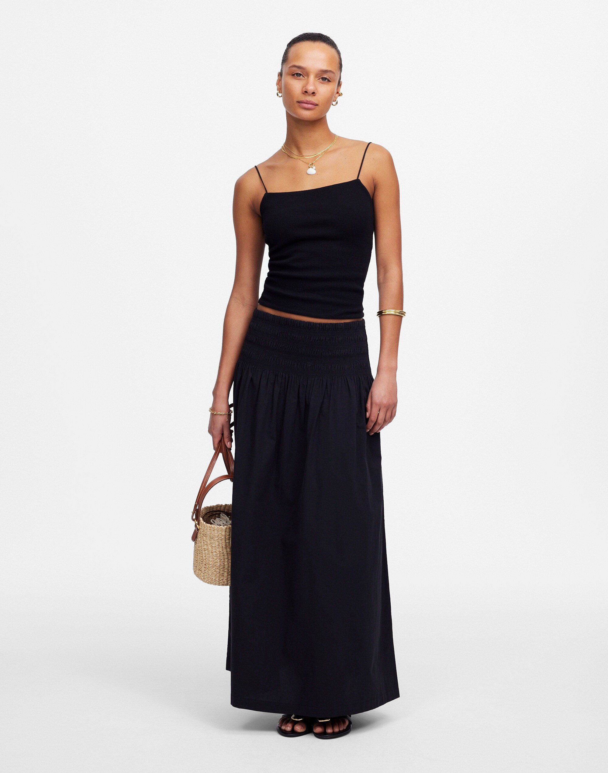 Smocked-Waist Poplin Midi Skirt