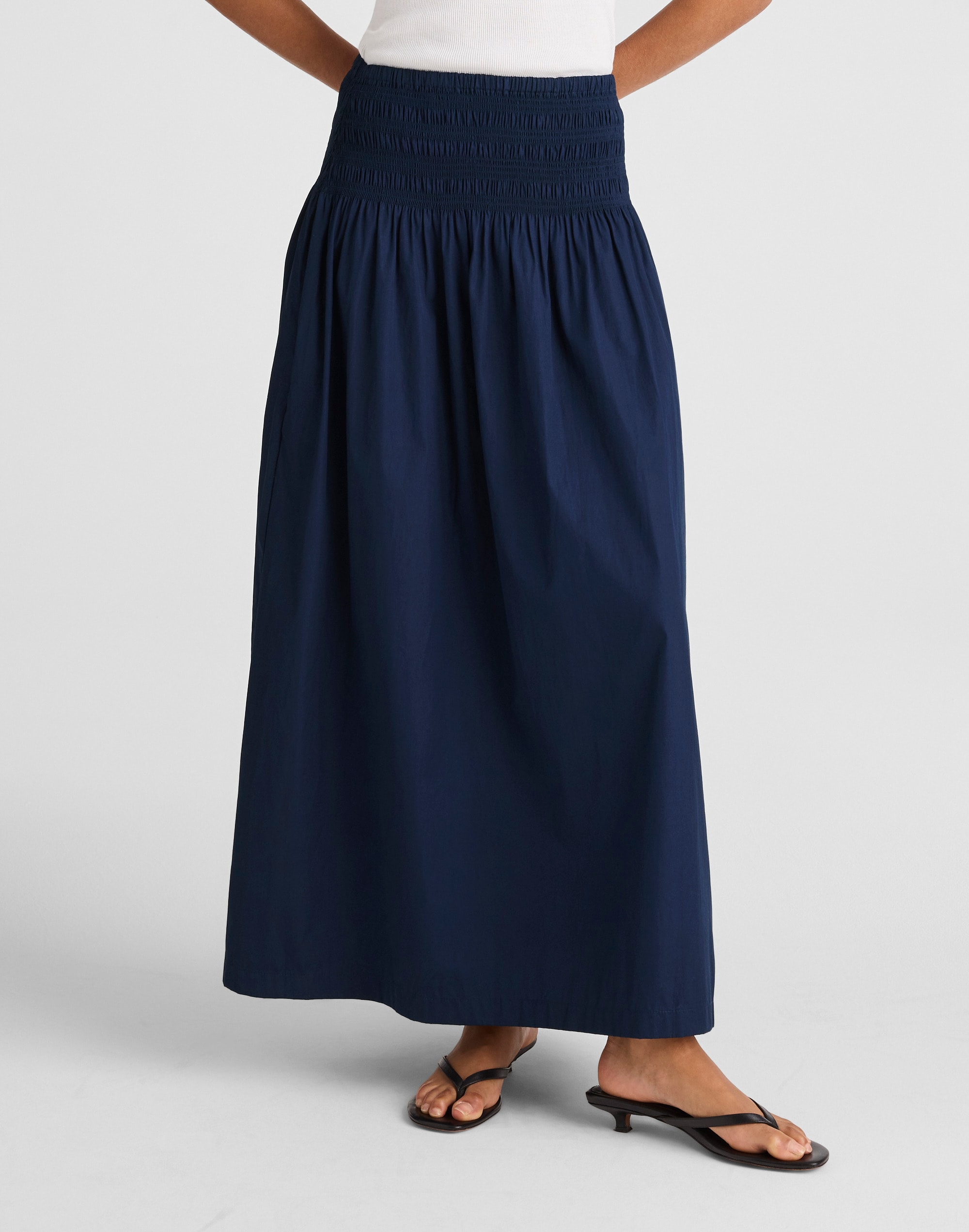 Smocked-Waist Poplin Midi Skirt