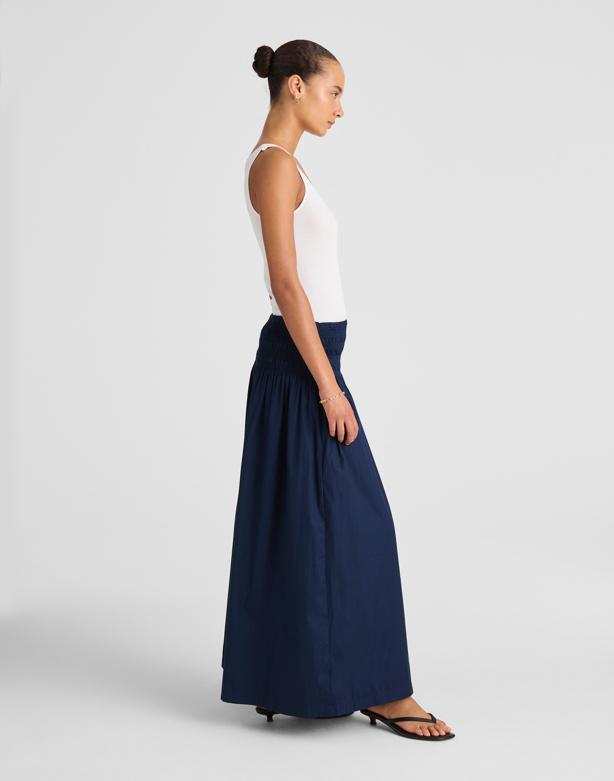 Smocked-Waist Poplin Midi Skirt
