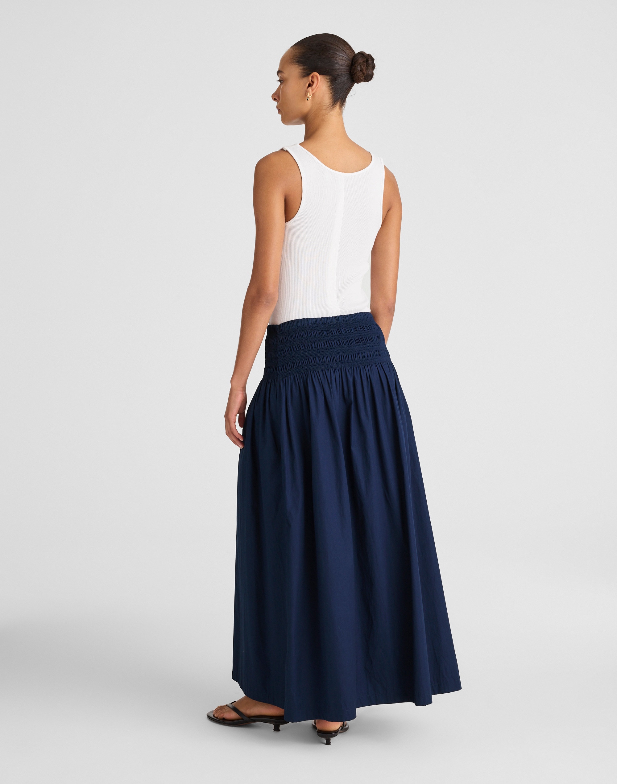 Smocked-Waist Midi Skirt in Poplin