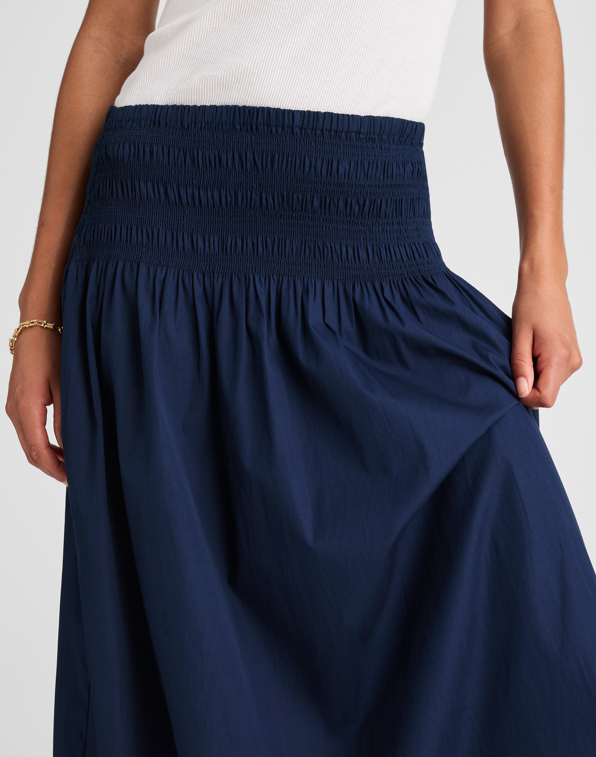 Smocked-Waist Poplin Midi Skirt