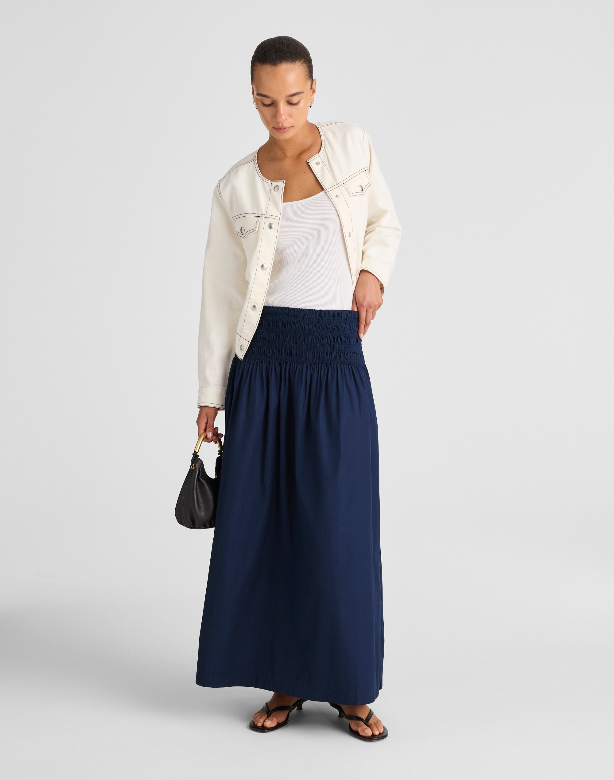 Smocked-Waist Poplin Midi Skirt
