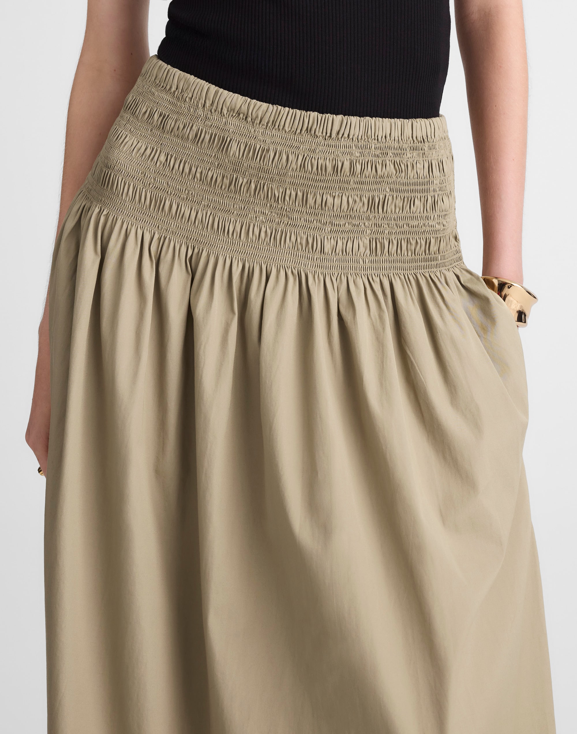 Smocked-Waist Poplin Midi Skirt