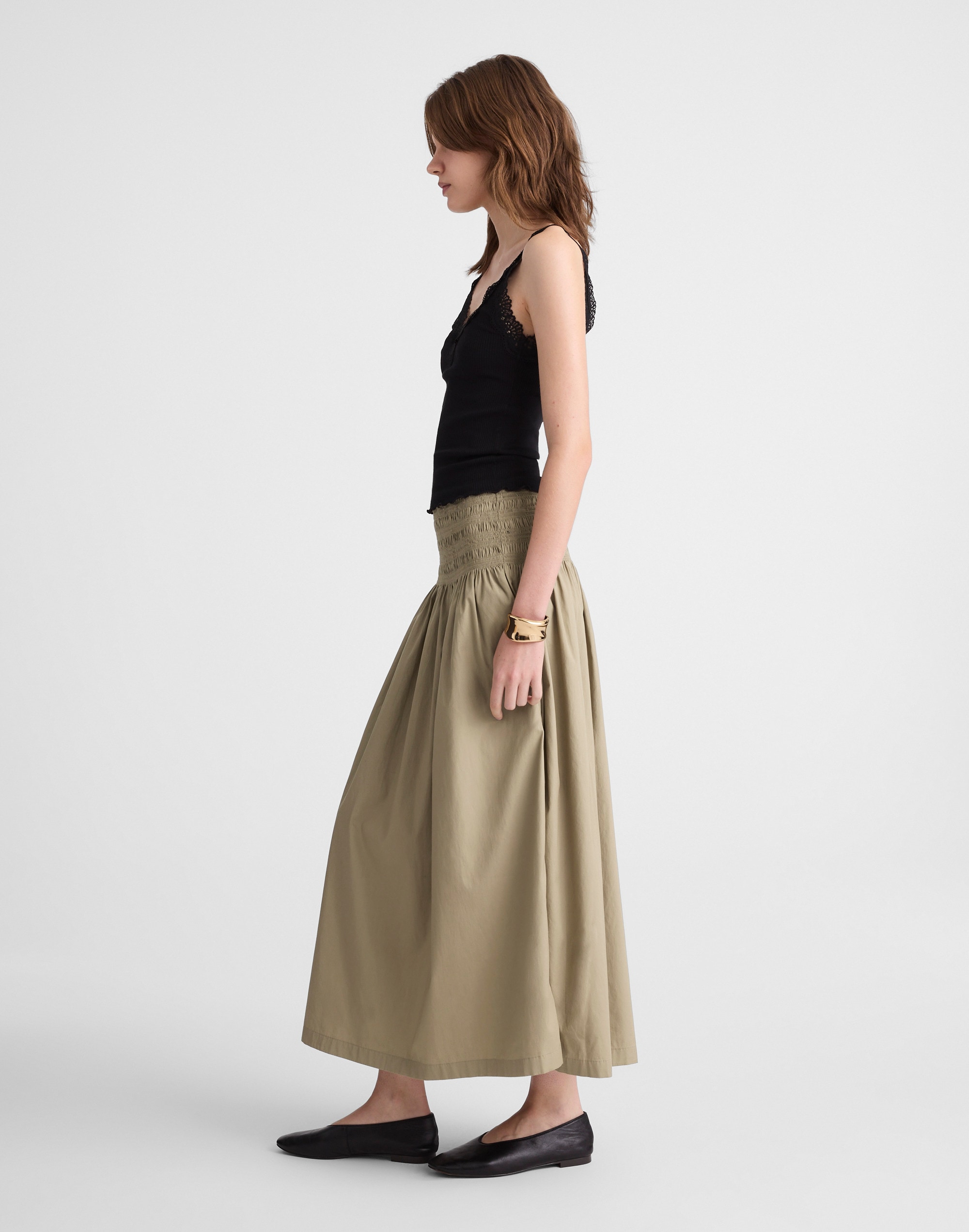 Smocked-Waist Poplin Midi Skirt
