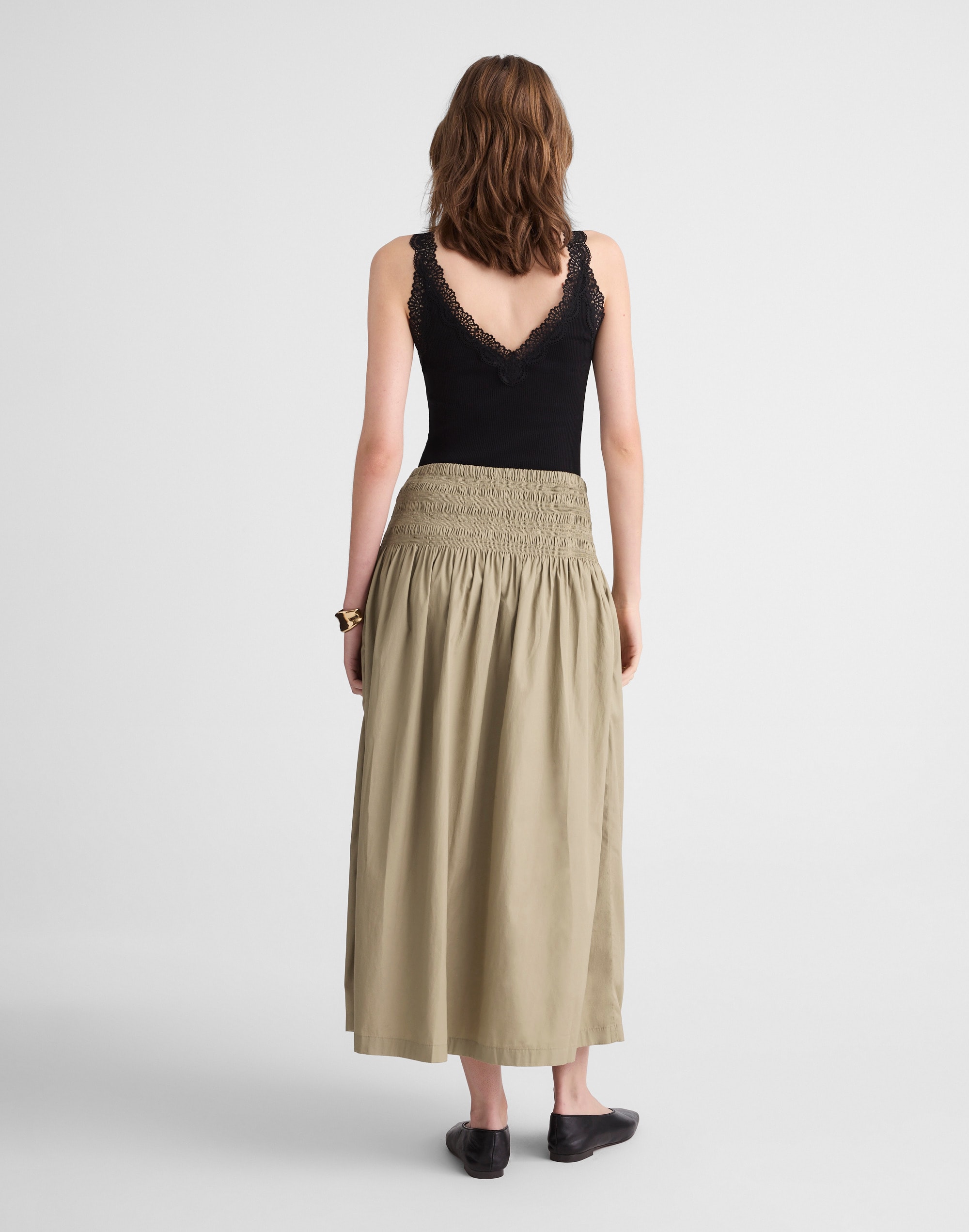 Smocked-Waist Poplin Midi Skirt