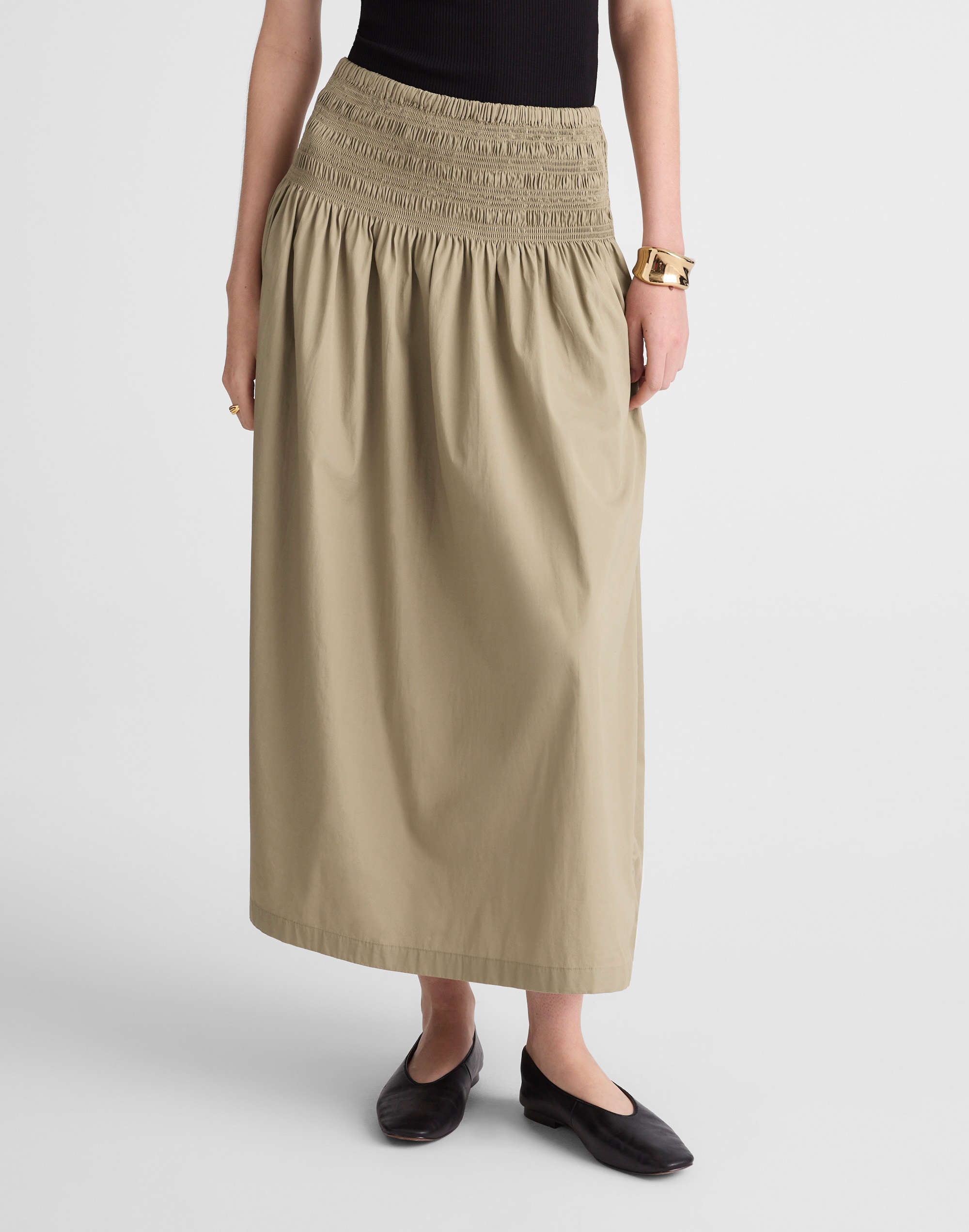 Smocked-Waist Poplin Midi Skirt