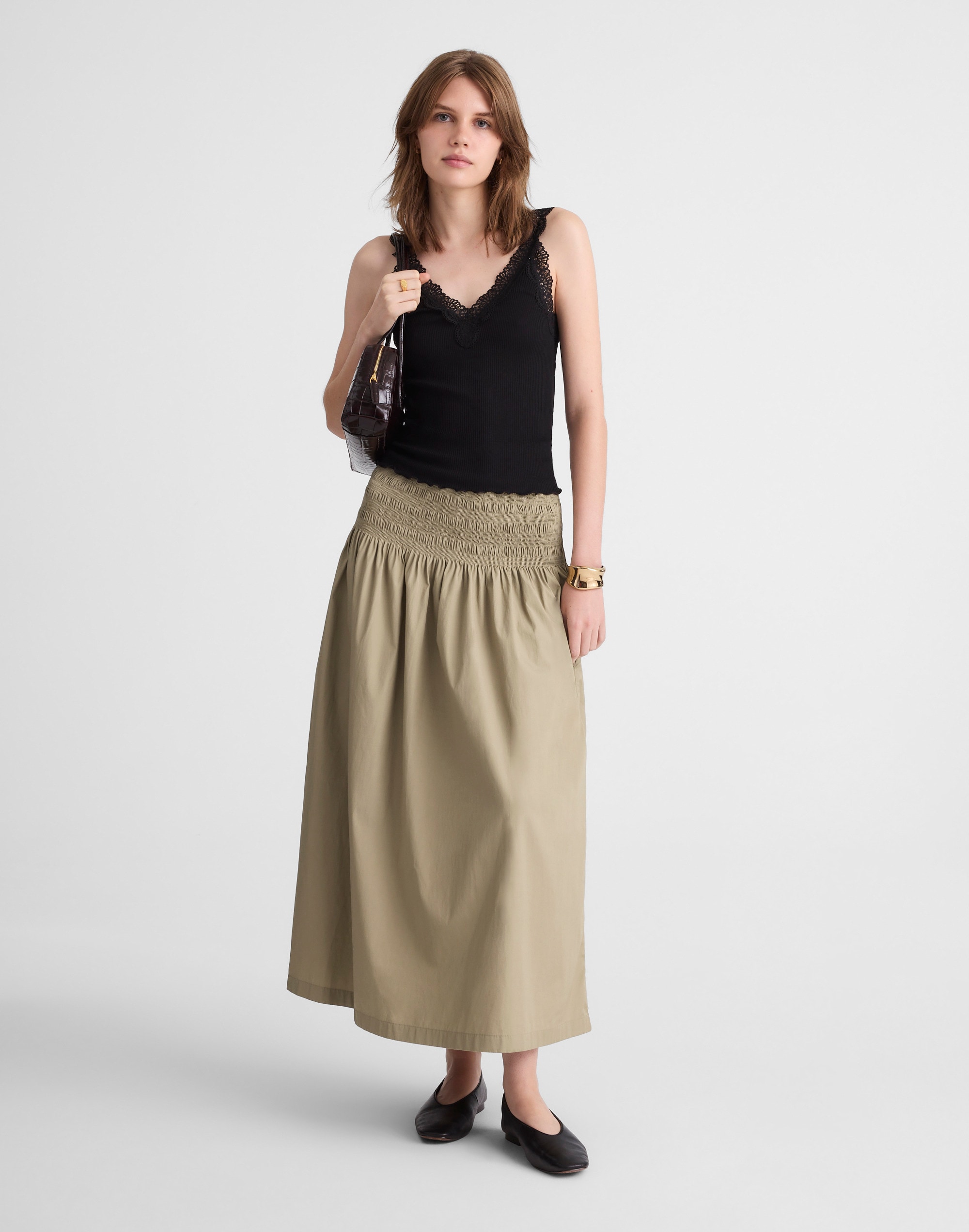 Smocked-Waist Poplin Midi Skirt