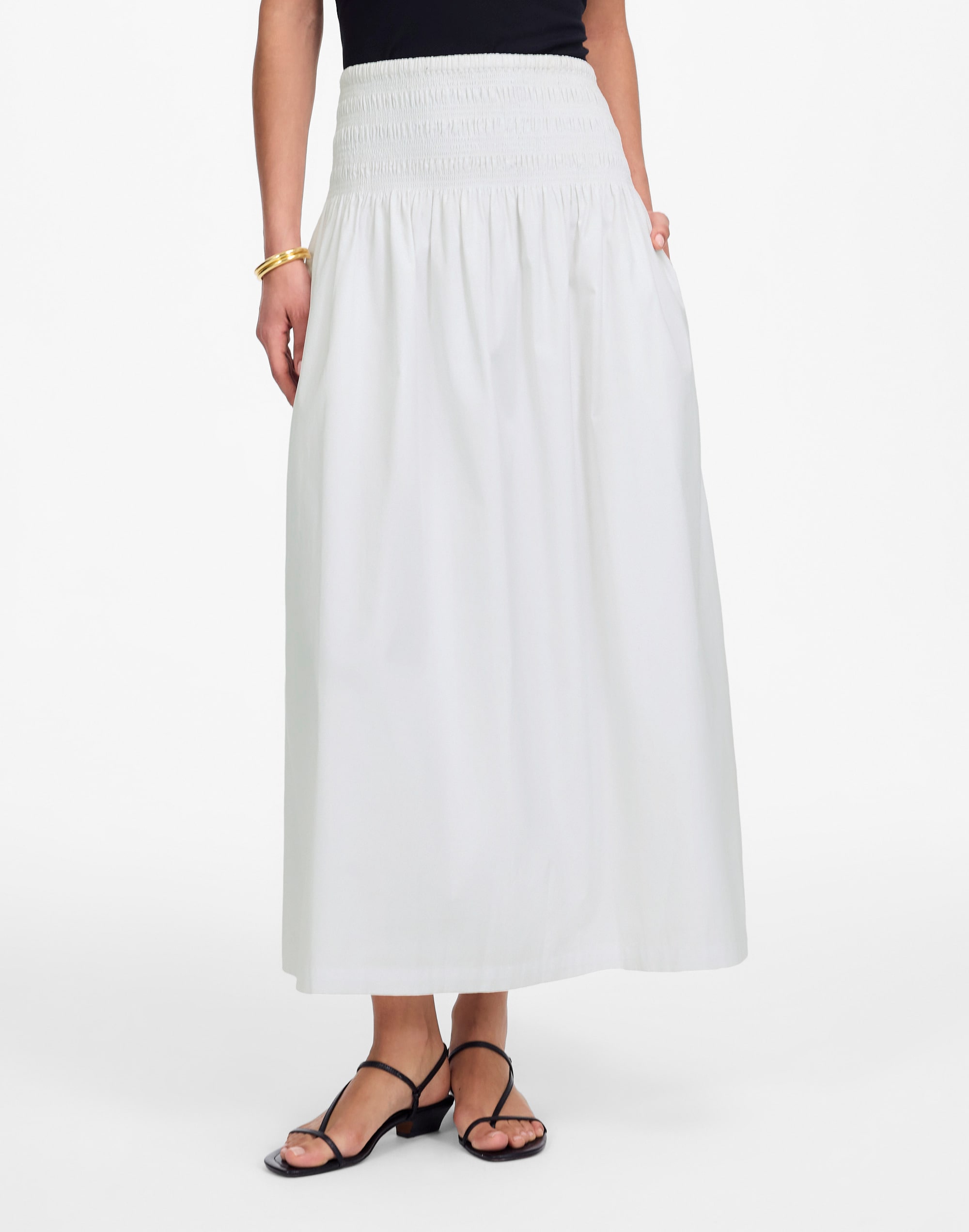 Smocked-Waist Poplin Midi Skirt