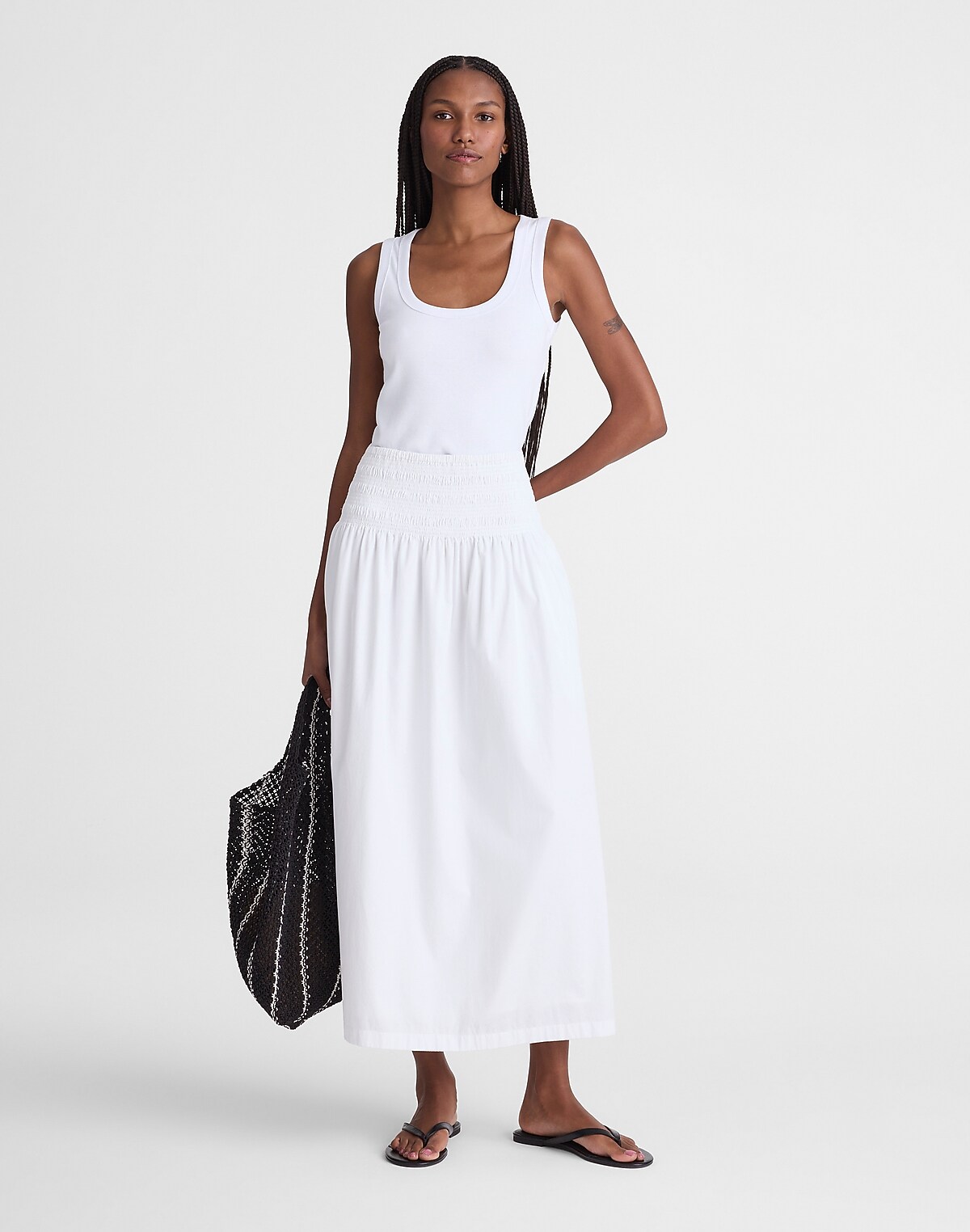Smocked-Waist Midi Skirt in Poplin