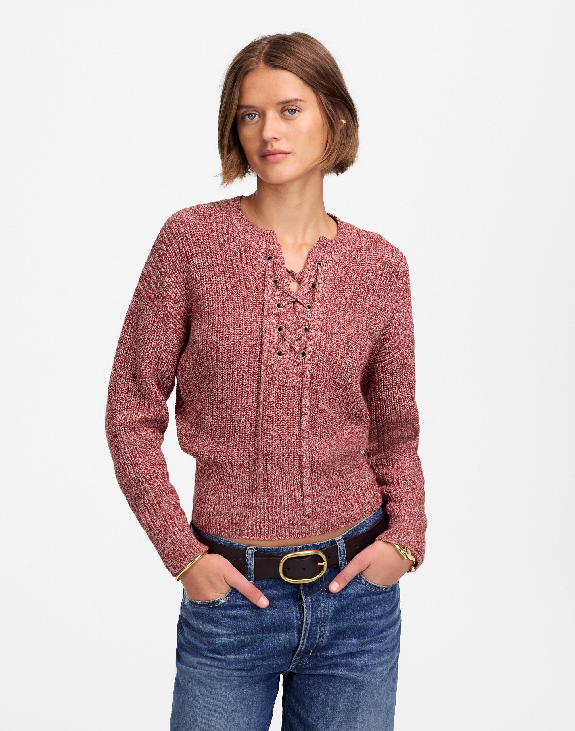 Marled Ribbed Lace-Up Sweater