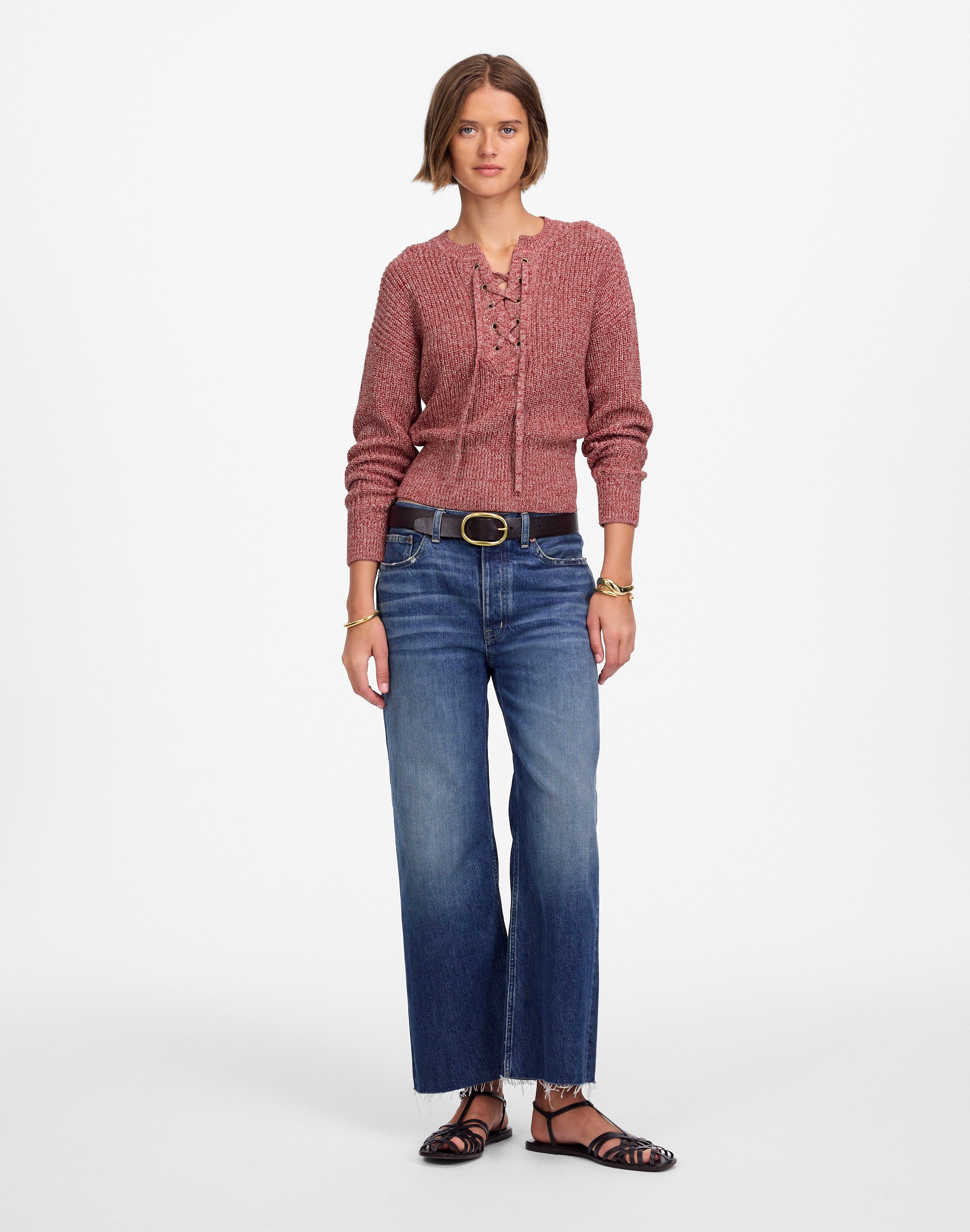 marled ribbed lace-up sweater