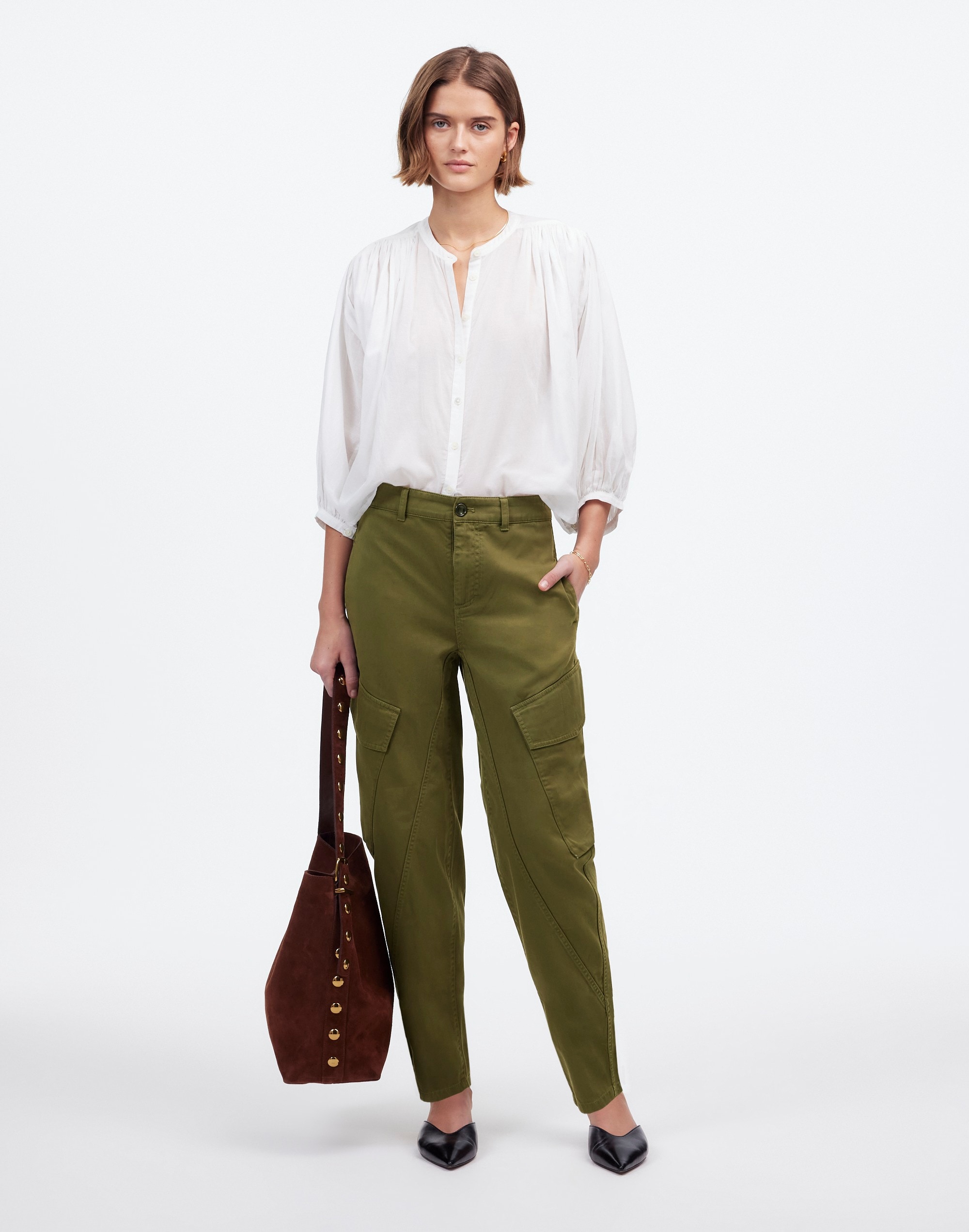 the petite barrel-leg utility pant in garment-dyed twill
