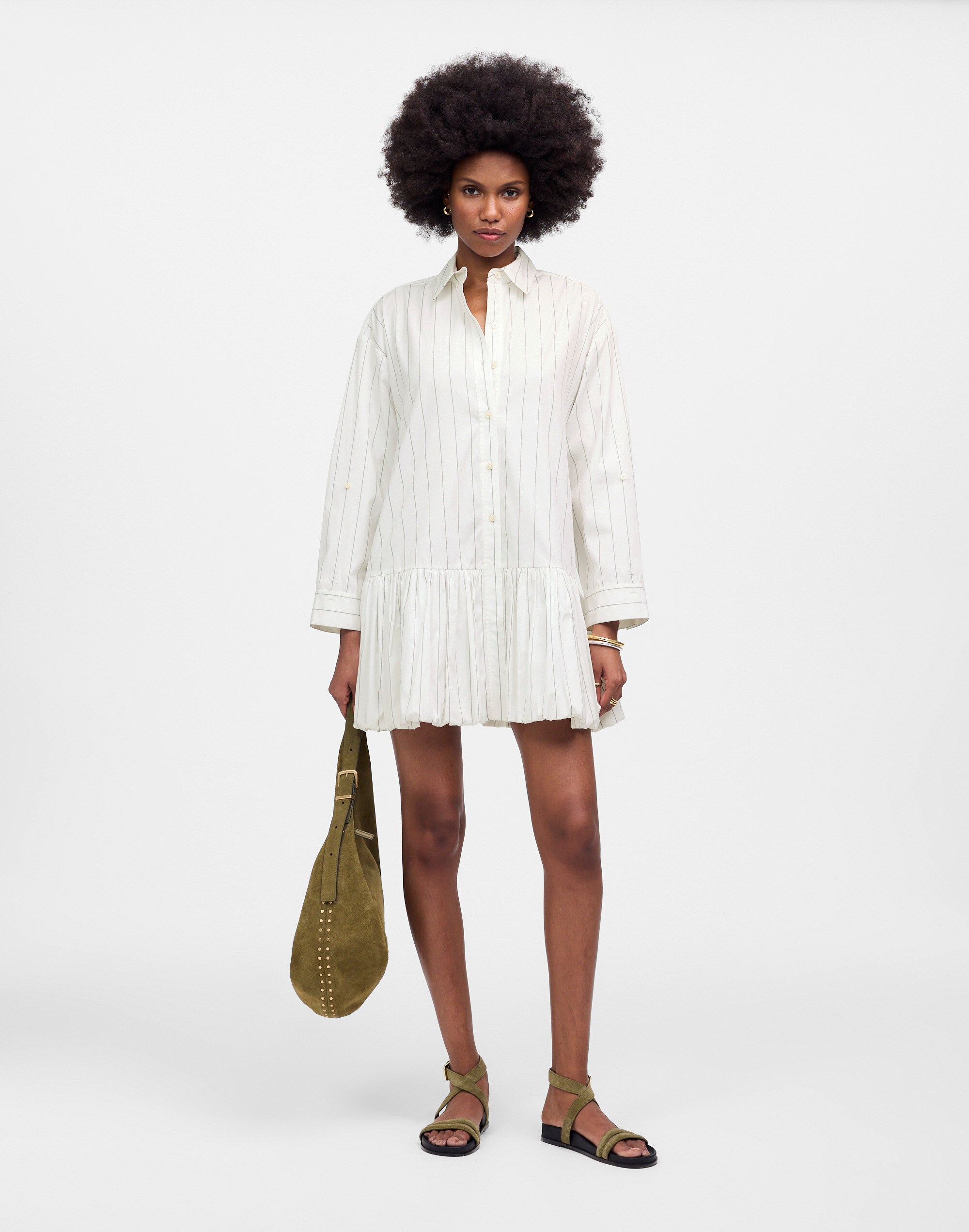 Bubble-Hem Mini Shirtdress in Pinstripe Poplin