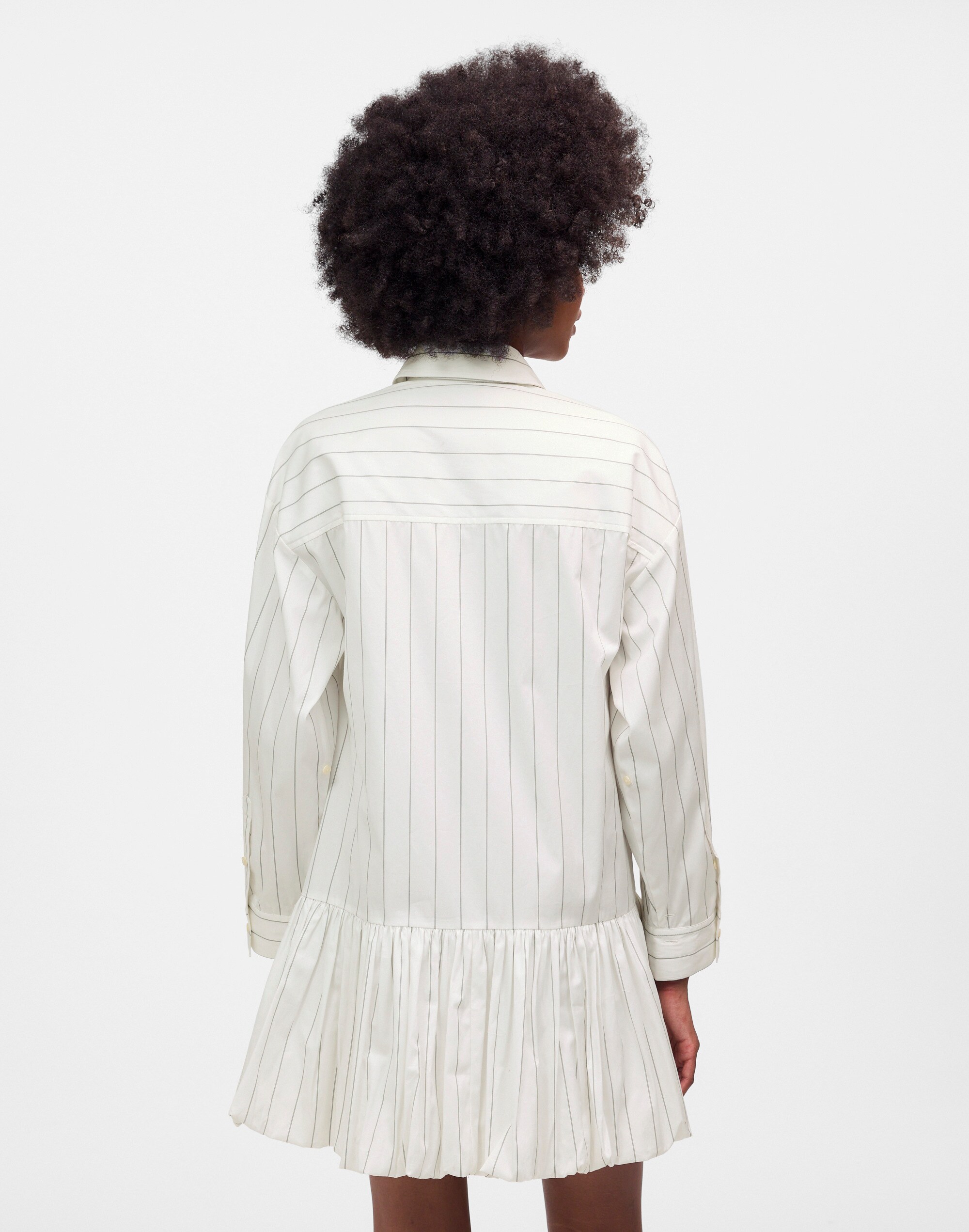 Bubble-Hem Mini Shirtdress in Pinstripe Poplin