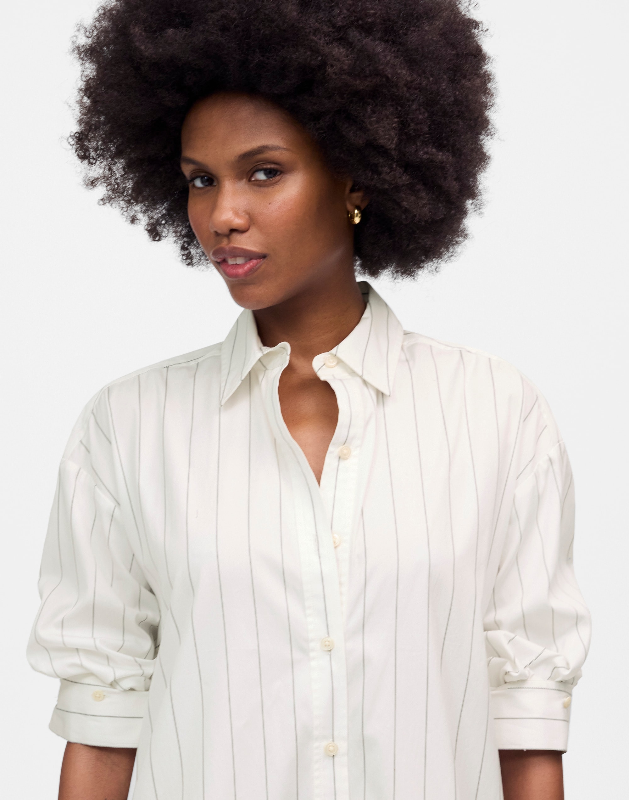 Bubble-Hem Mini Shirtdress in Pinstripe Poplin