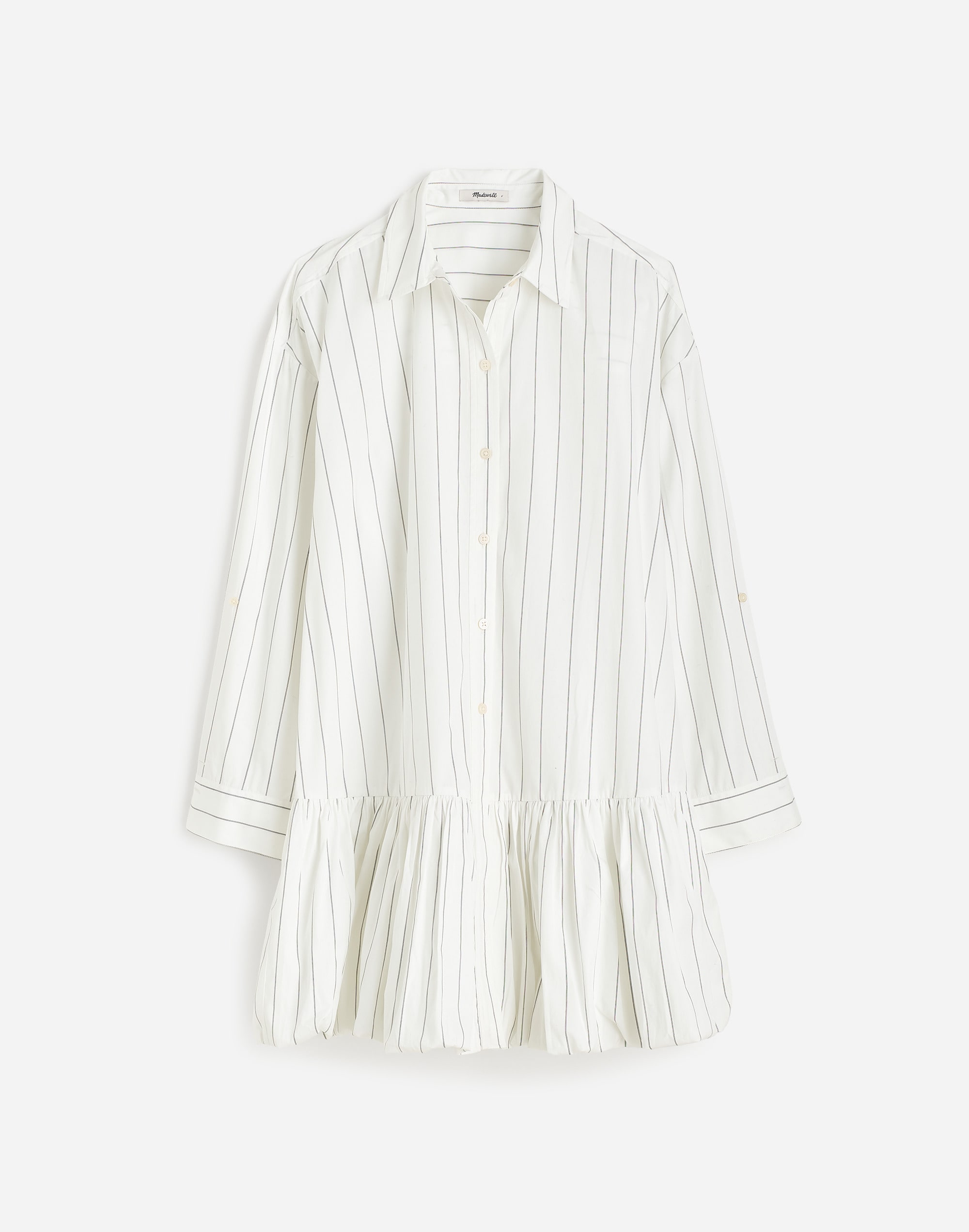 Bubble-Hem Mini Shirtdress in Pinstripe Poplin
