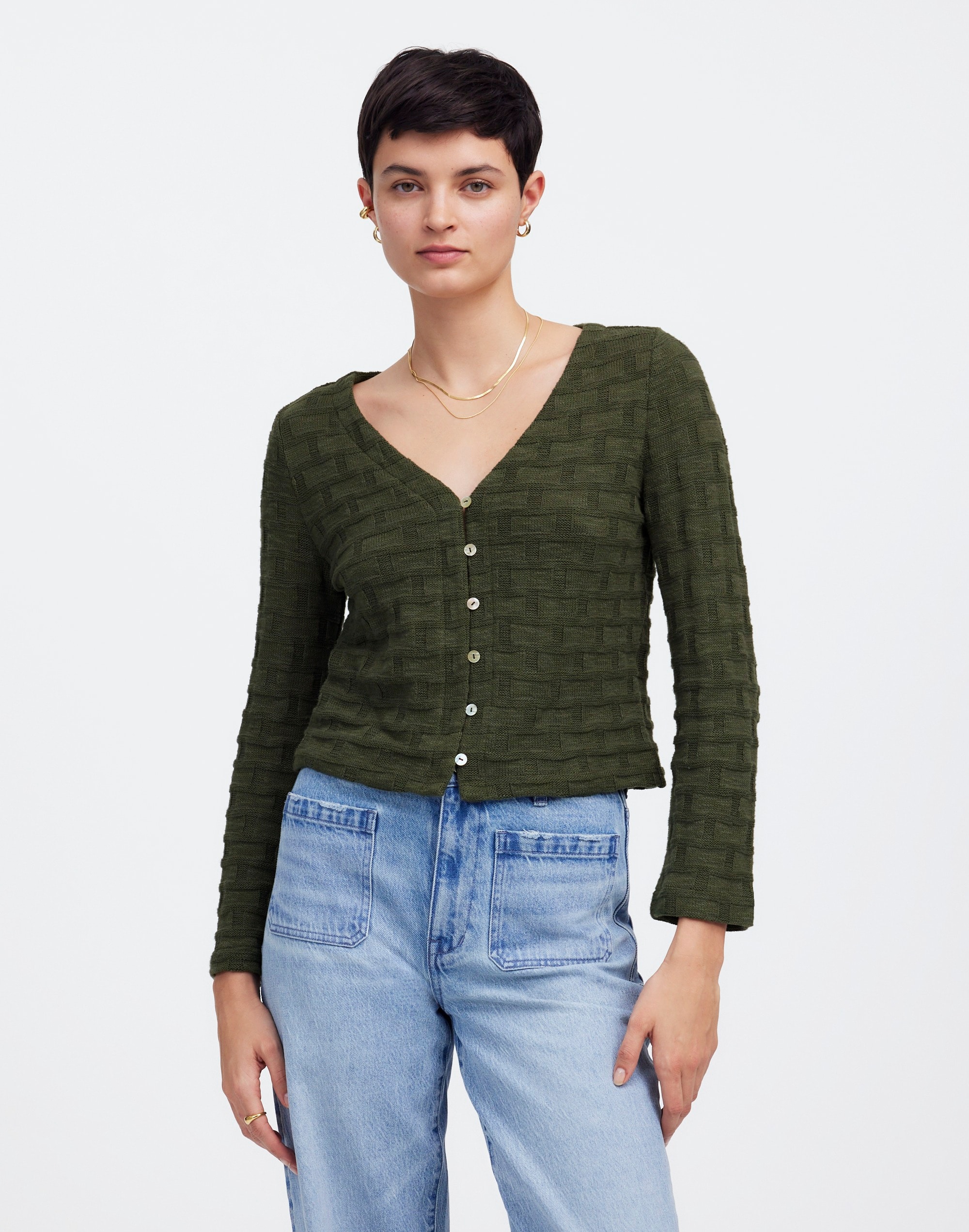 Basket-Weave Stitch Long-Sleeve Sweater Tee