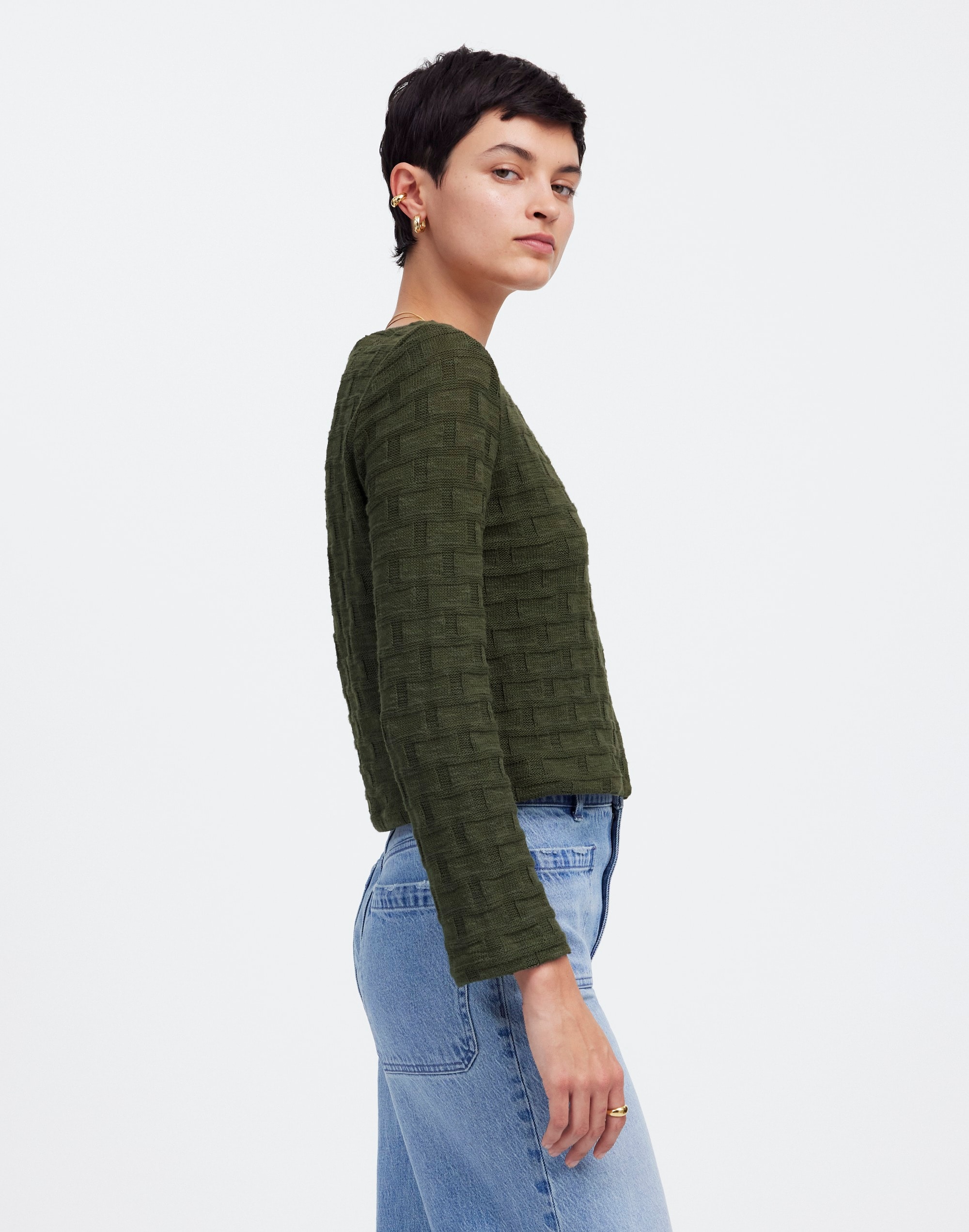 Basket-Weave Stitch Long-Sleeve Sweater Tee