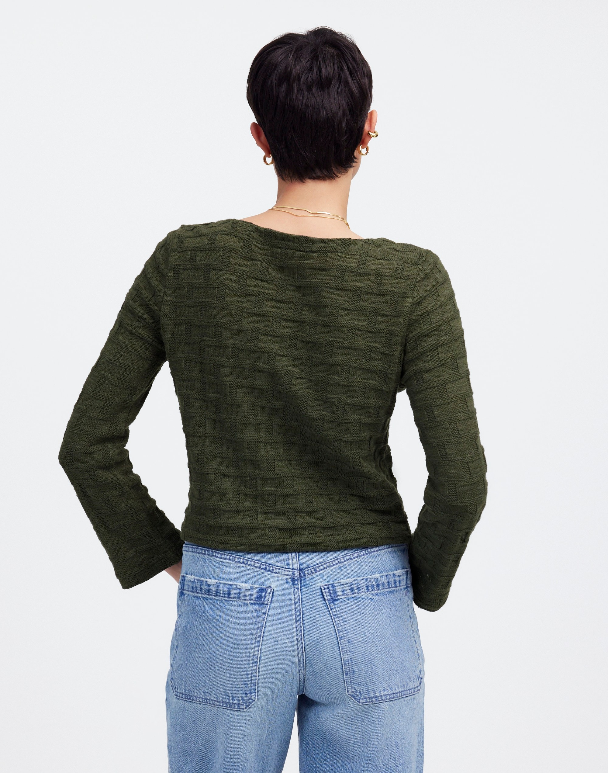 Basket-Weave Stitch Long-Sleeve Sweater Tee