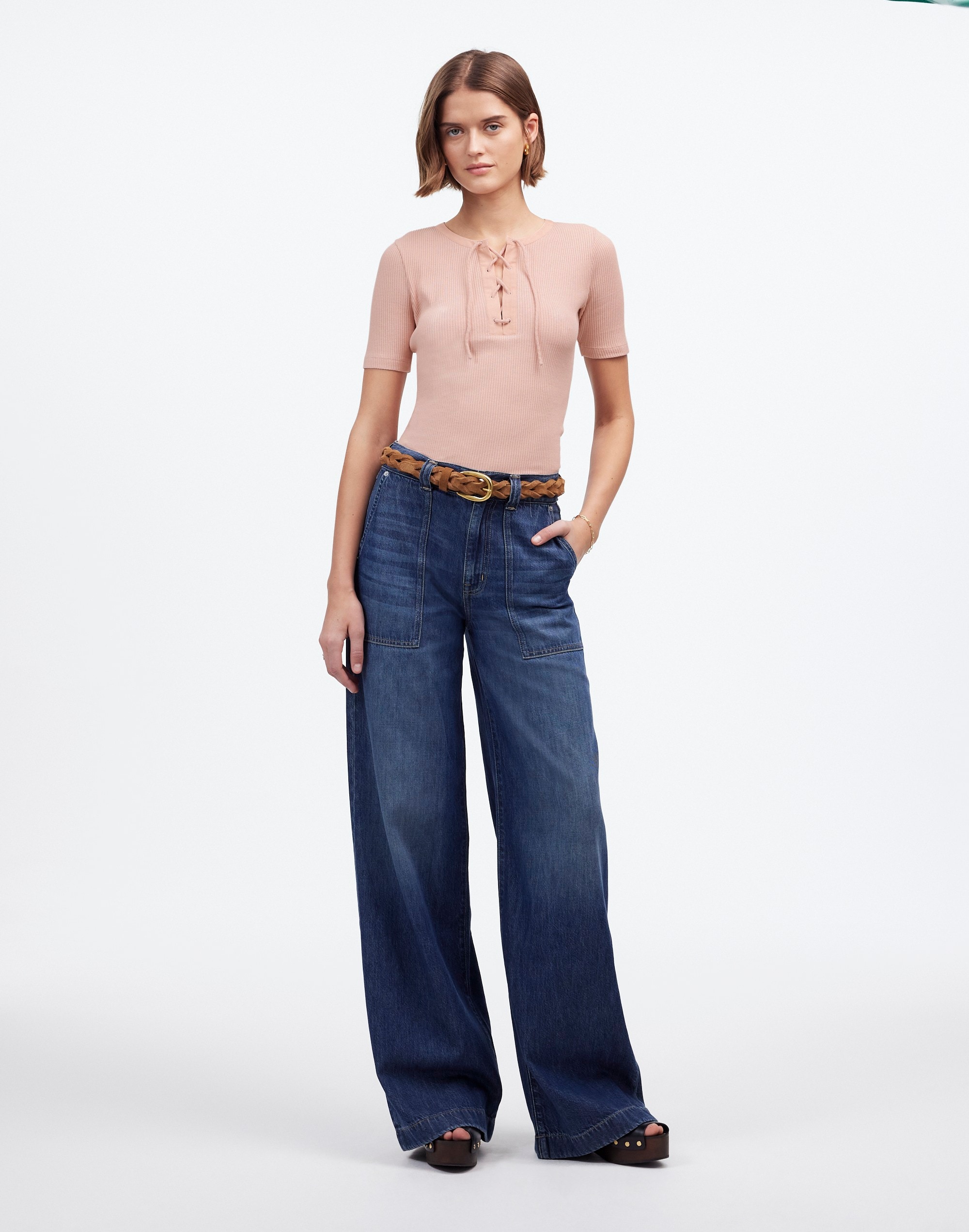 Ribbed Lace-Up Short-Sleeve Tee