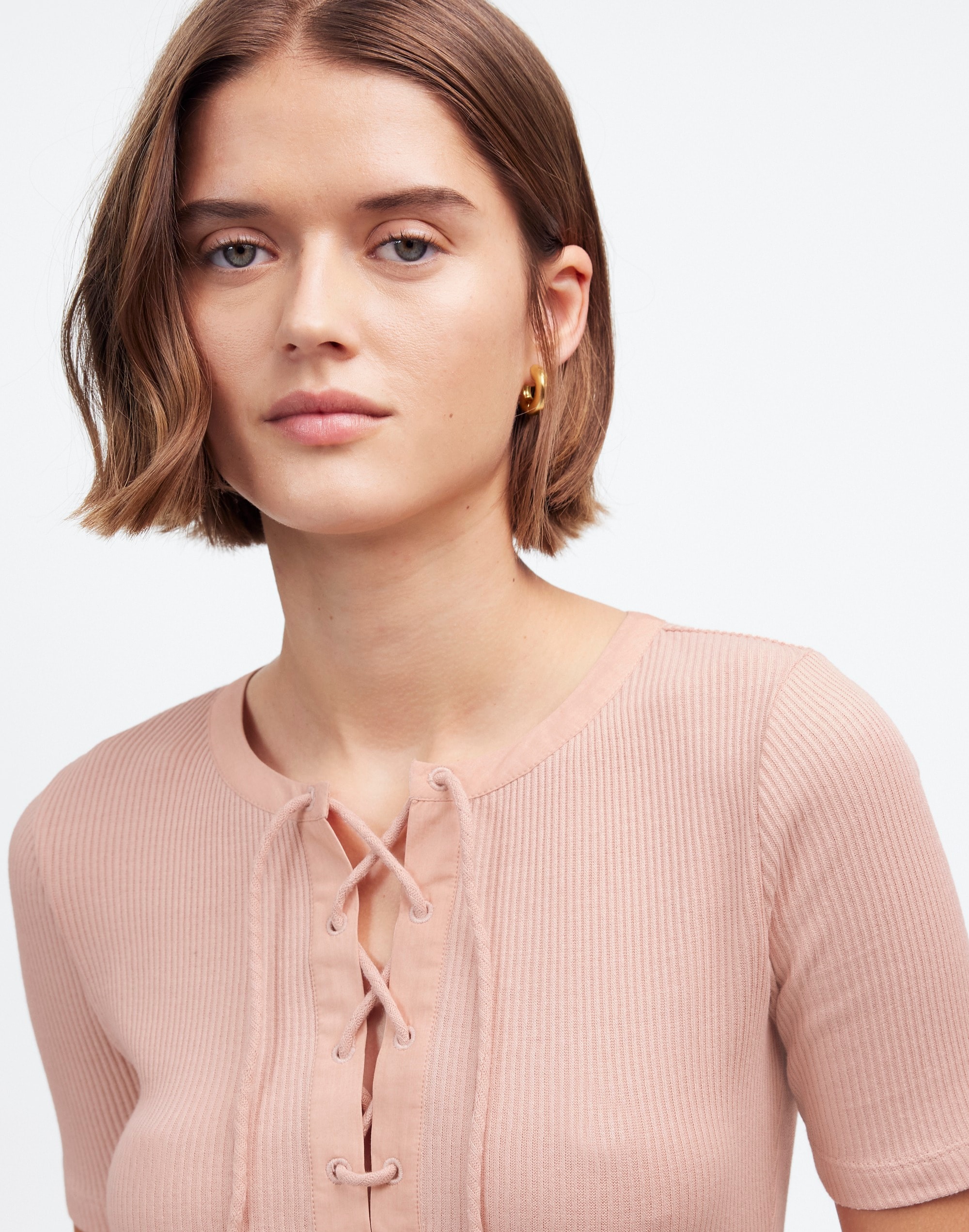 Ribbed Lace-Up Short-Sleeve Tee