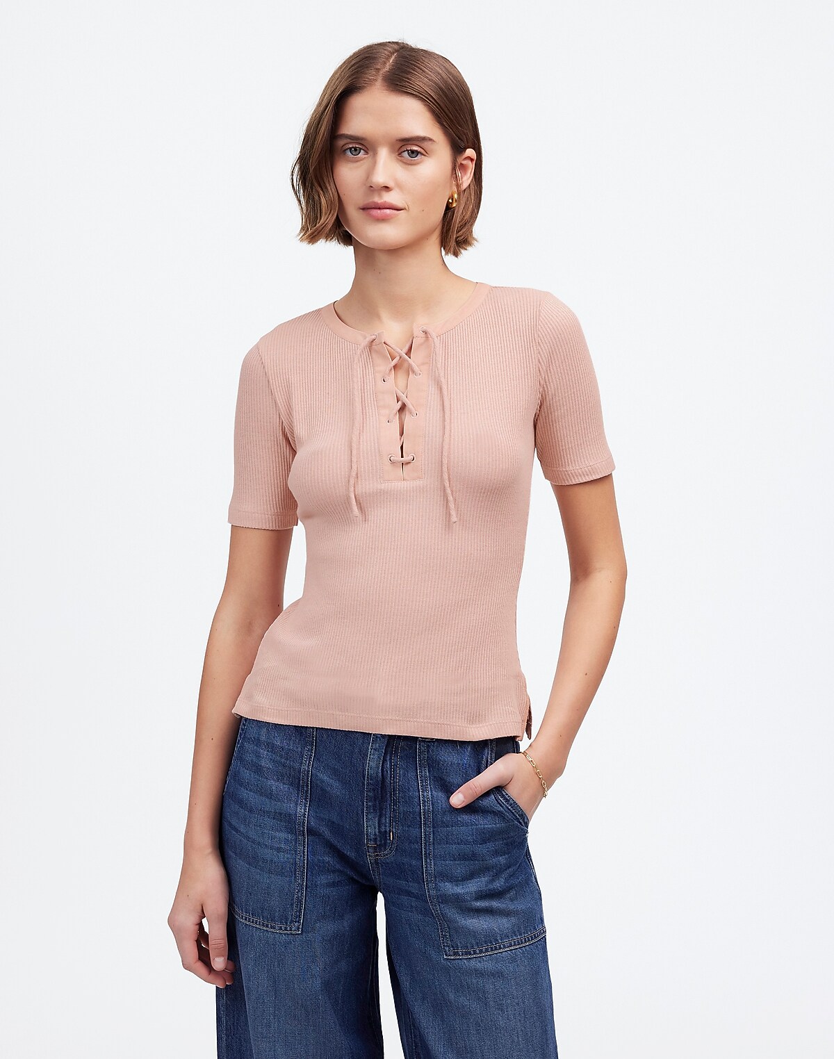 Ribbed Lace-Up Short-Sleeve Tee