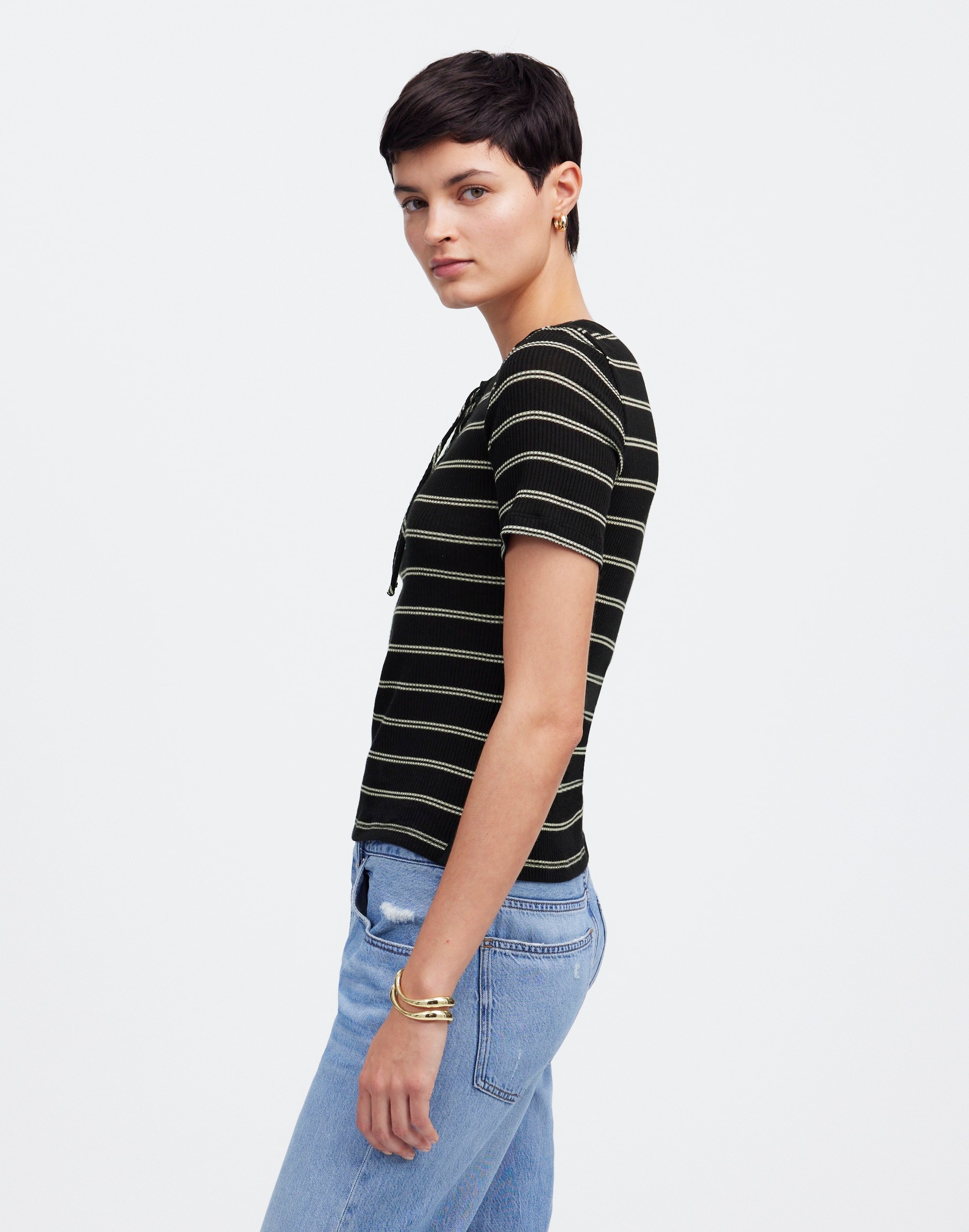 Ribbed Lace-Up Short-Sleeve Tee