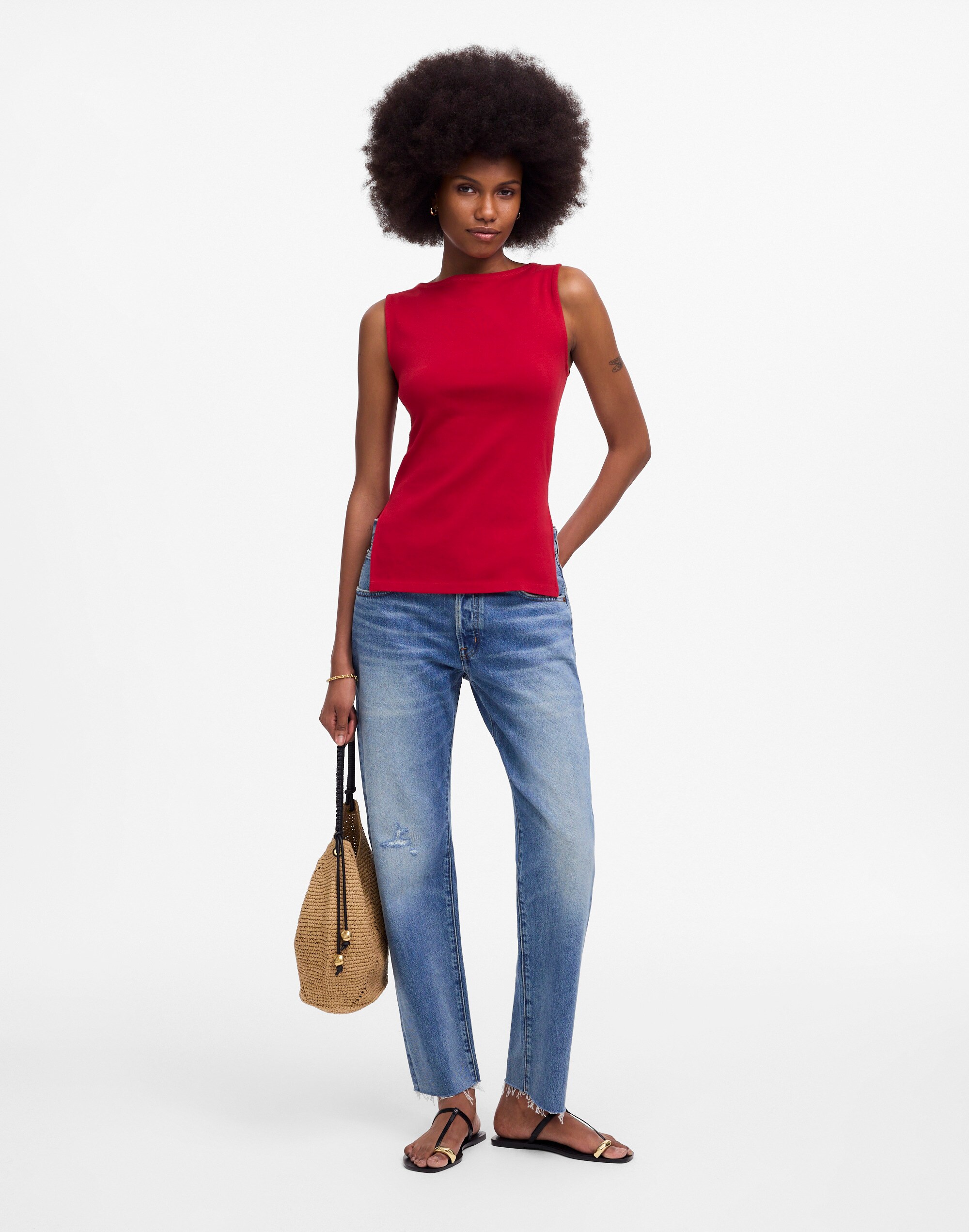 Sleeveless Boatneck Side Slit Tee