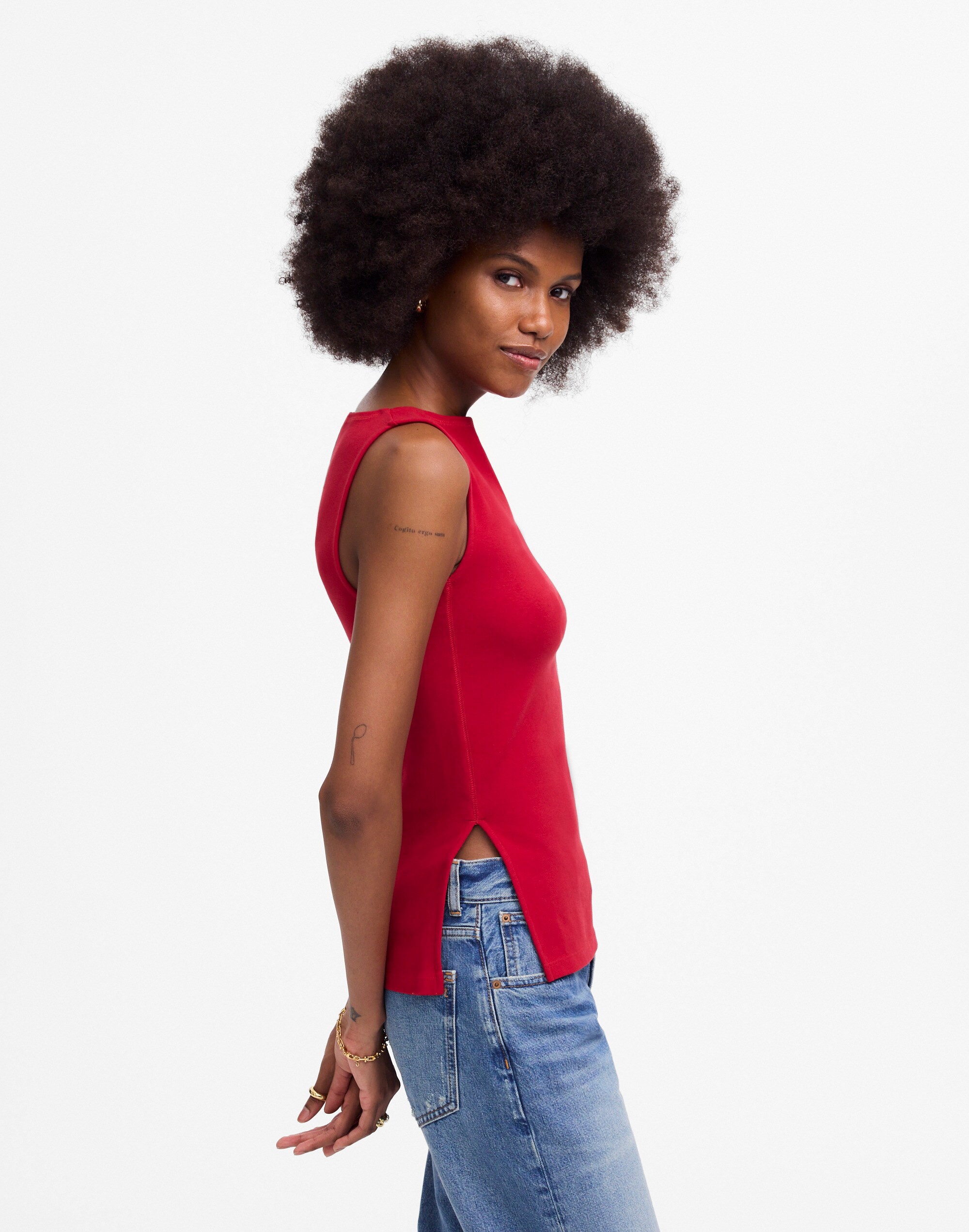 Sleeveless Boatneck Side Slit Tee