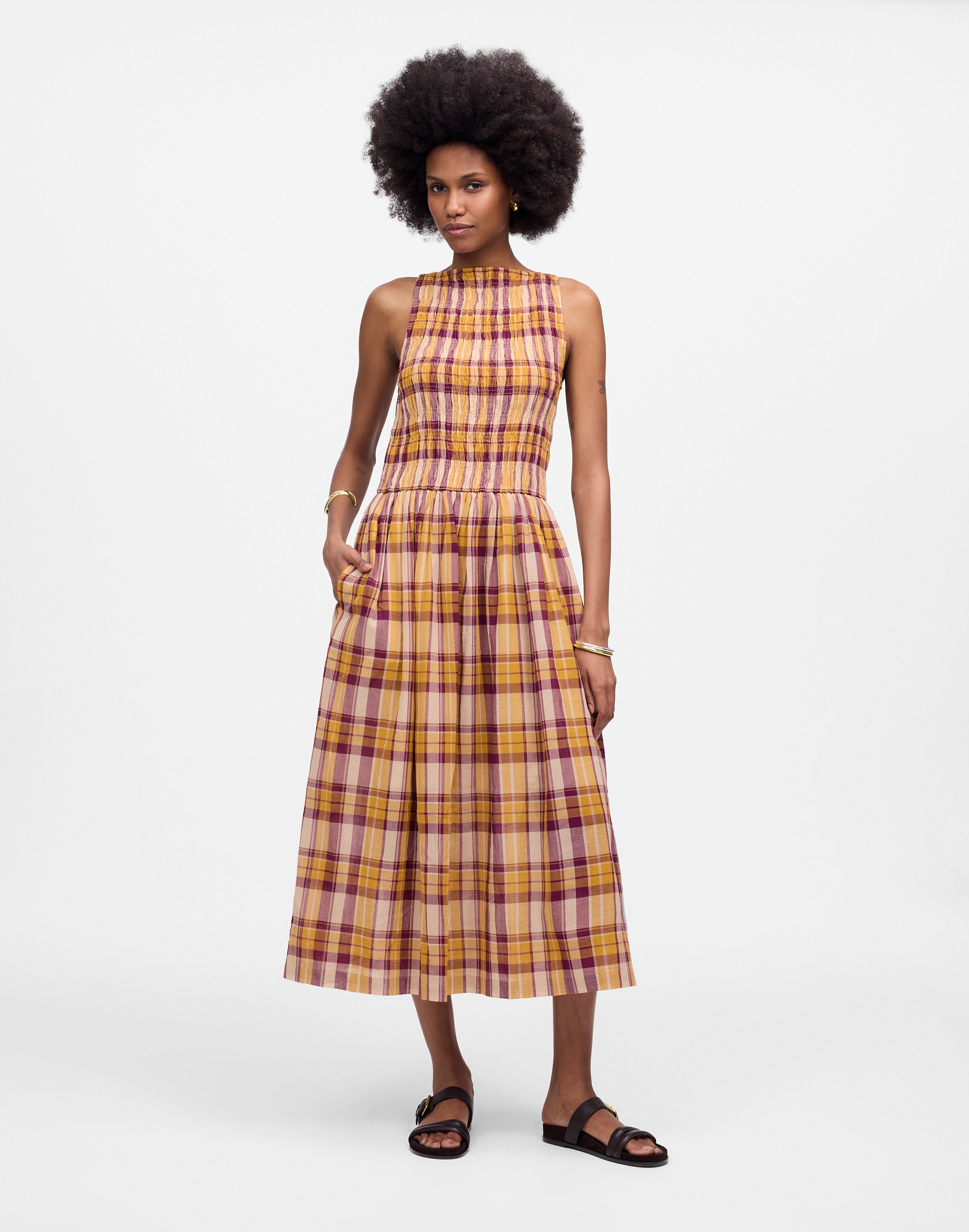 Smocked Boatneck Maxi Dress in Plaid Seersucker