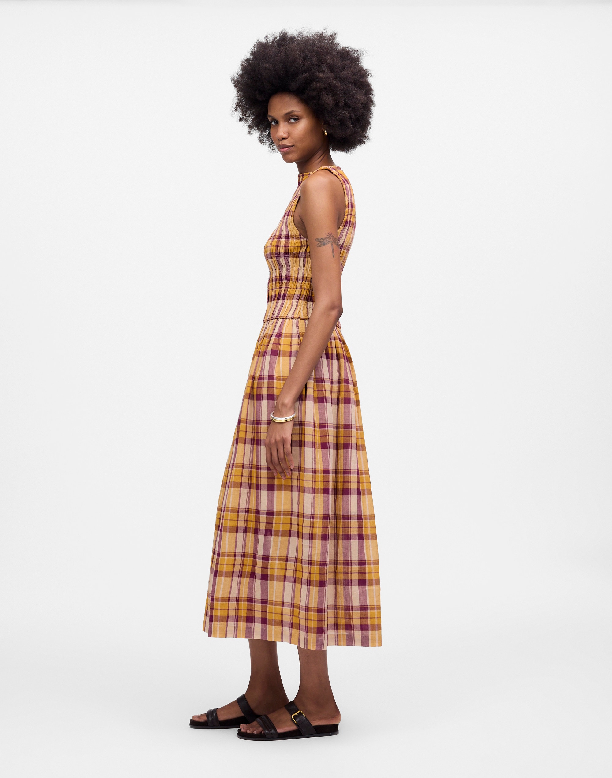 Smocked Boatneck Maxi Dress in Plaid Seersucker
