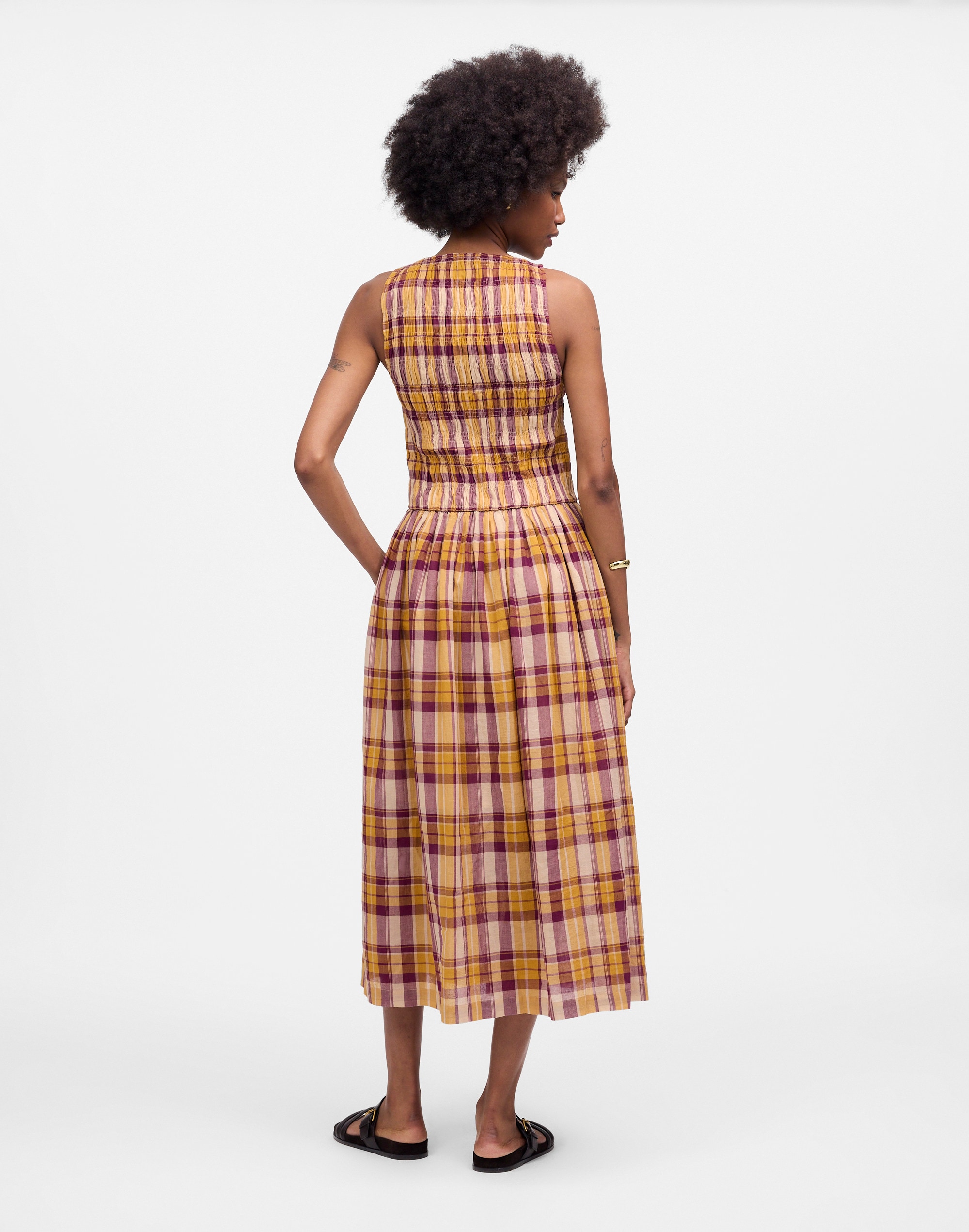 Smocked Boatneck Maxi Dress in Plaid Seersucker