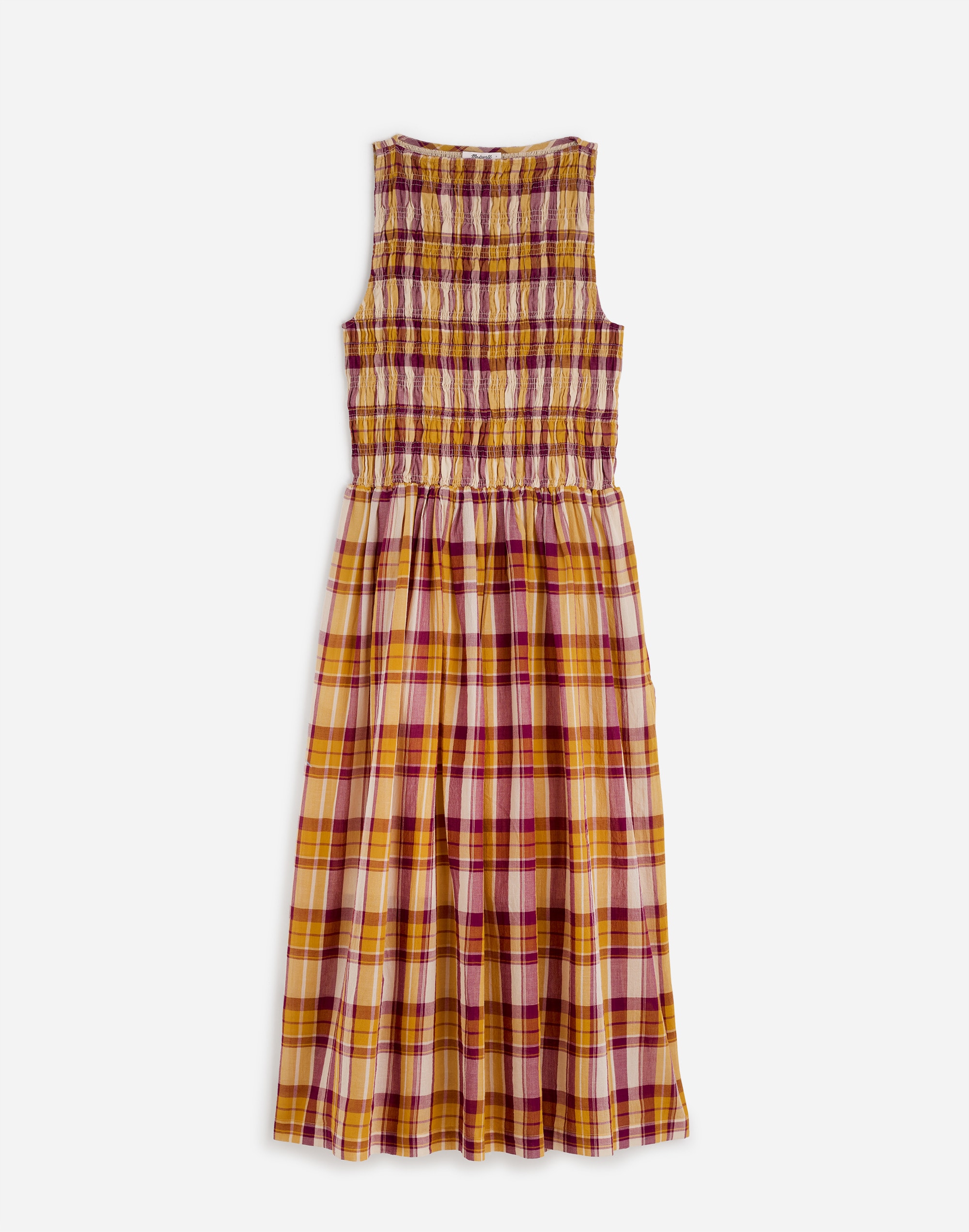 Smocked Boatneck Maxi Dress in Plaid Seersucker