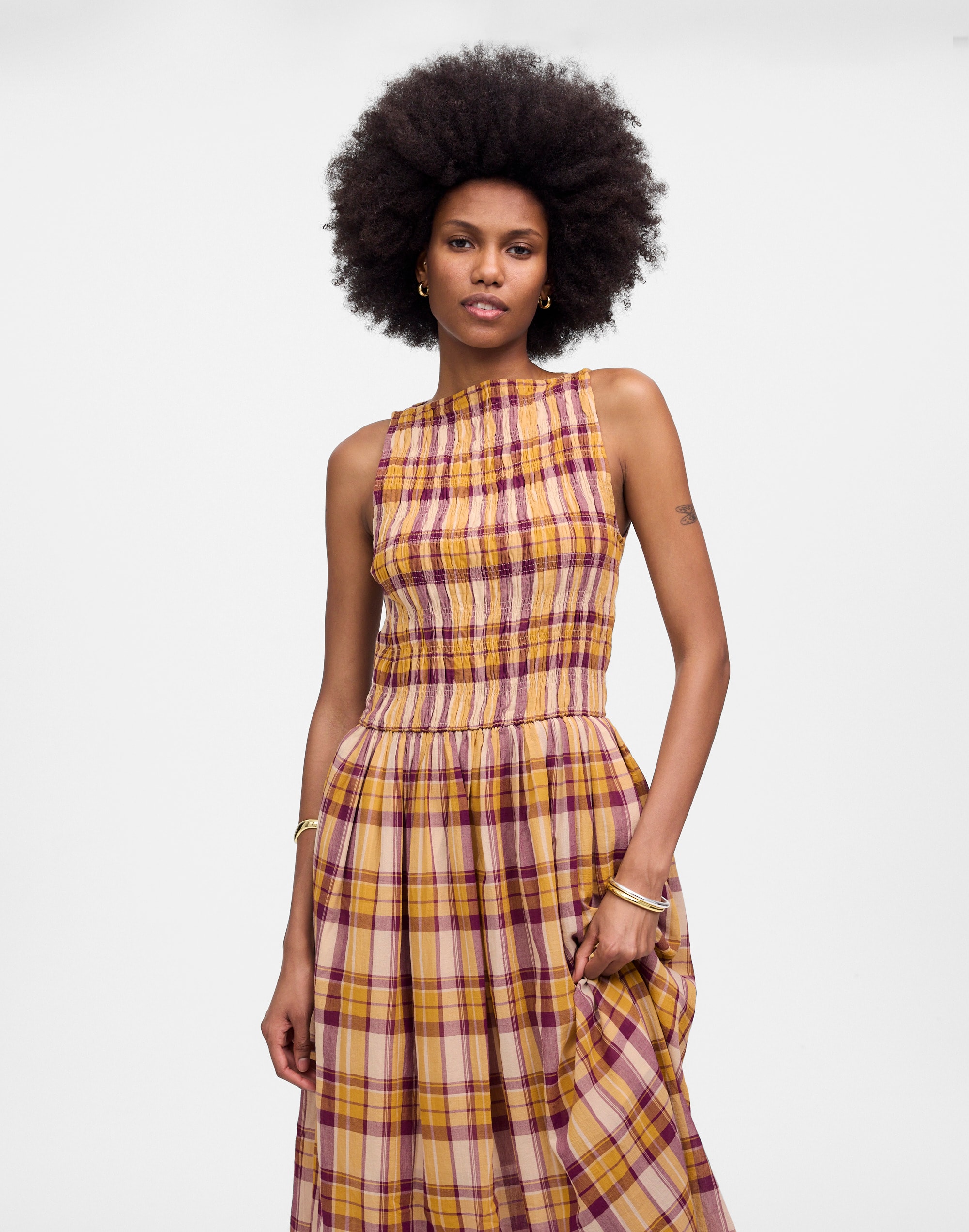 smocked boatneck maxi dress in plaid seersucker