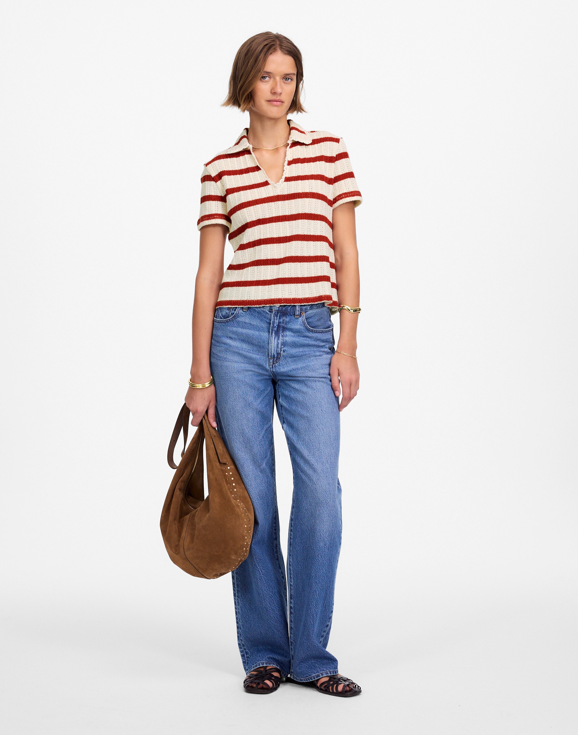 Crochet-Knit V-Neck Sweater Tee