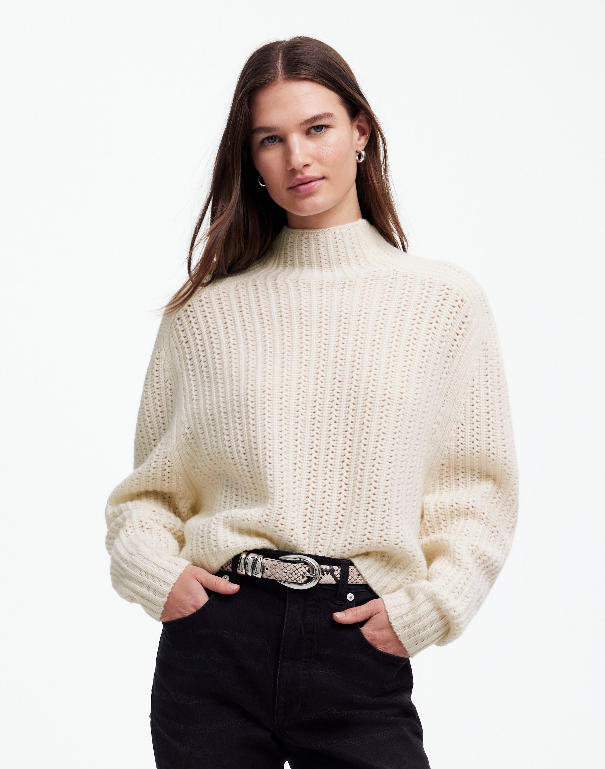 pointelle-stitch mockneck sweater