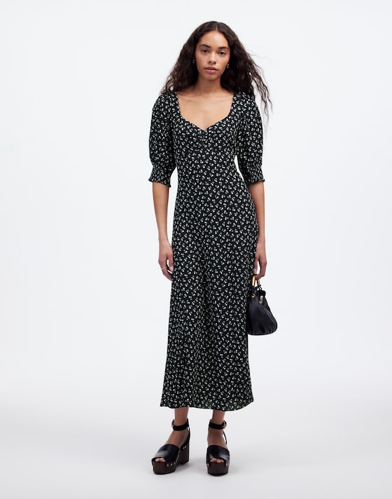 madewell ruffled scoopneck maxi dress in floral | Dresses | Madewell This floral maxi dress is crafted from soft crepe fabric with a scooped neckline and ruching details along the bodice and sleeves Madewell Multicolor Floral Maxi Dress