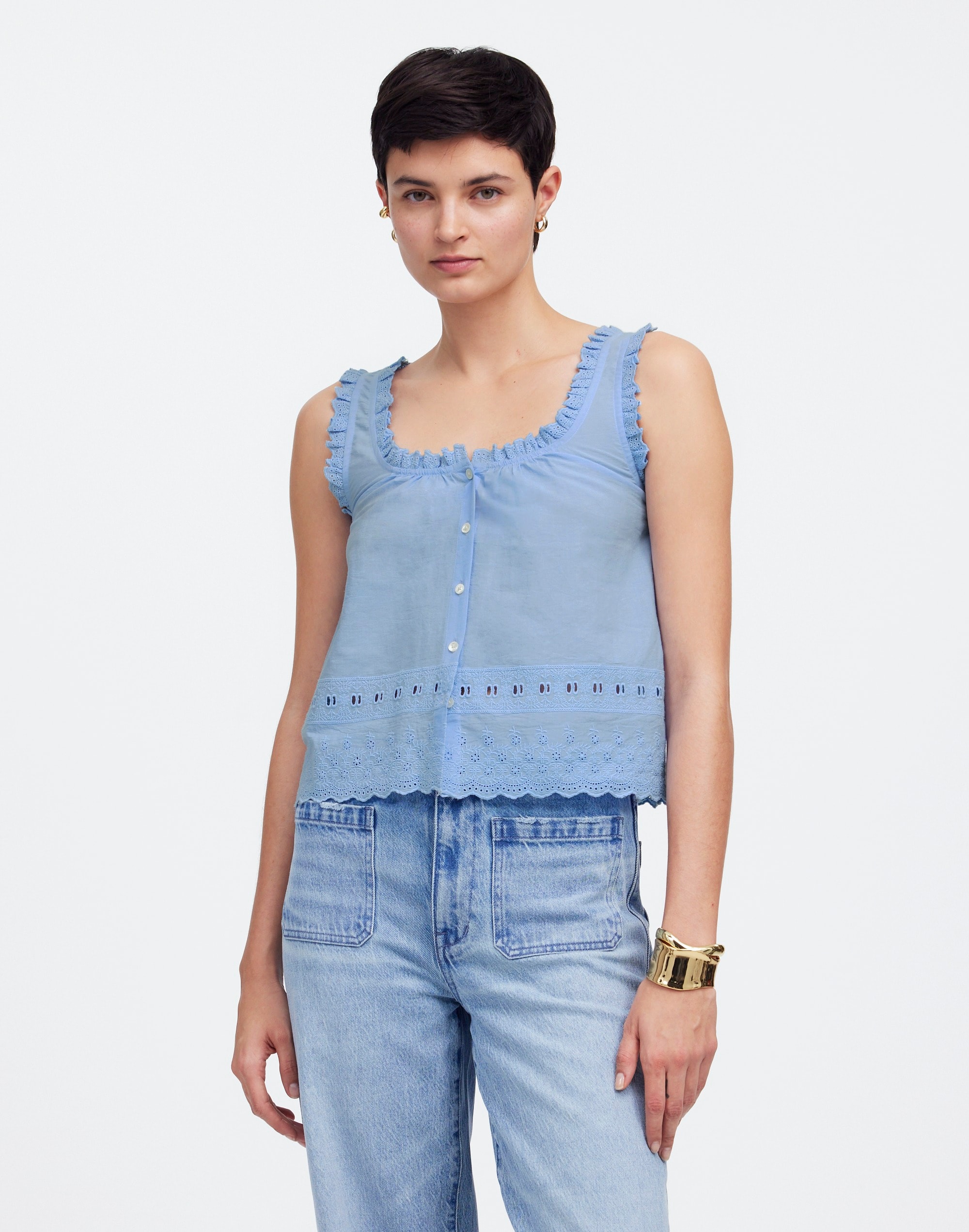 Embroidered Ruffle-Trim Top
