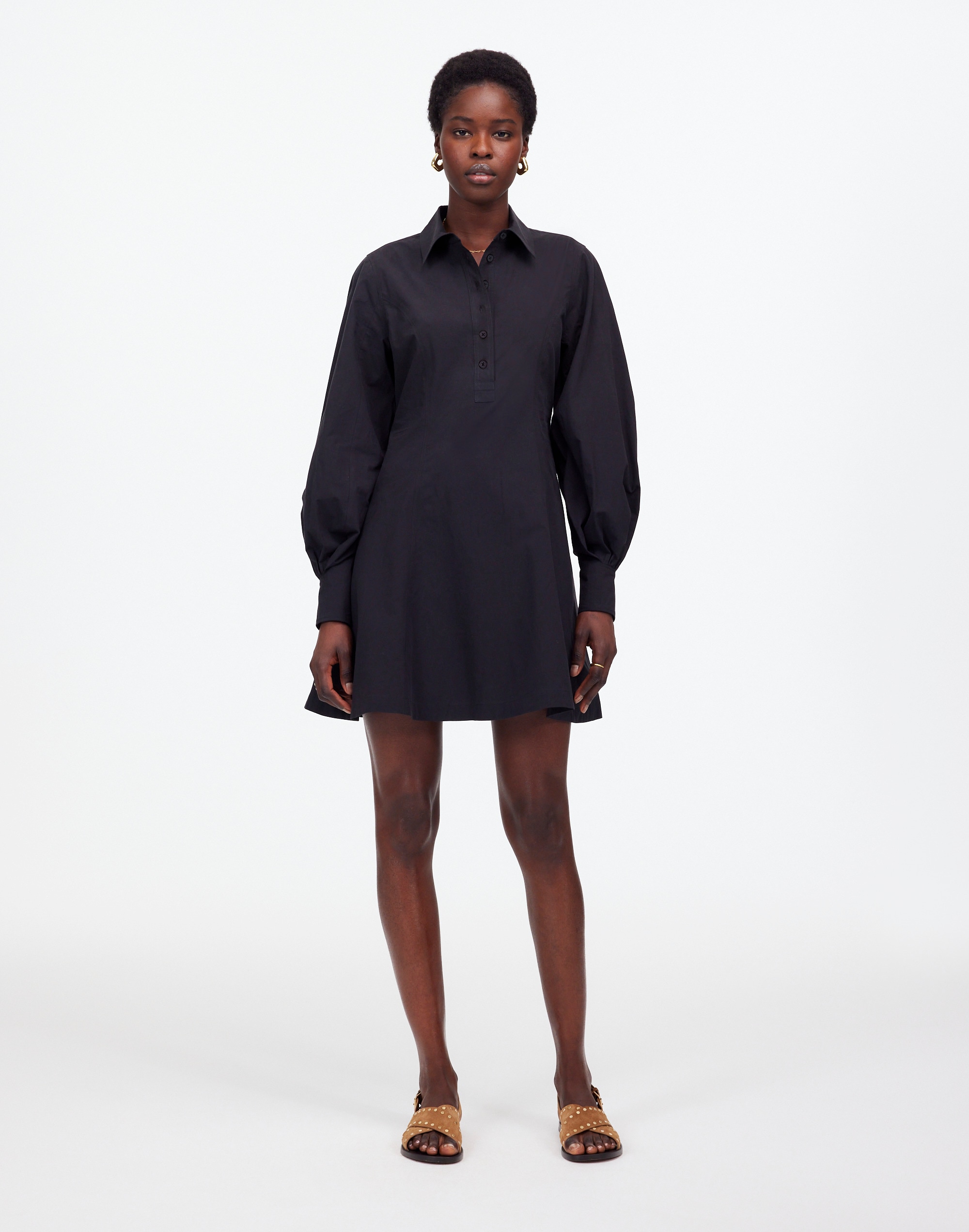 Seamed Long-Sleeve Mini Shirtdress in Poplin