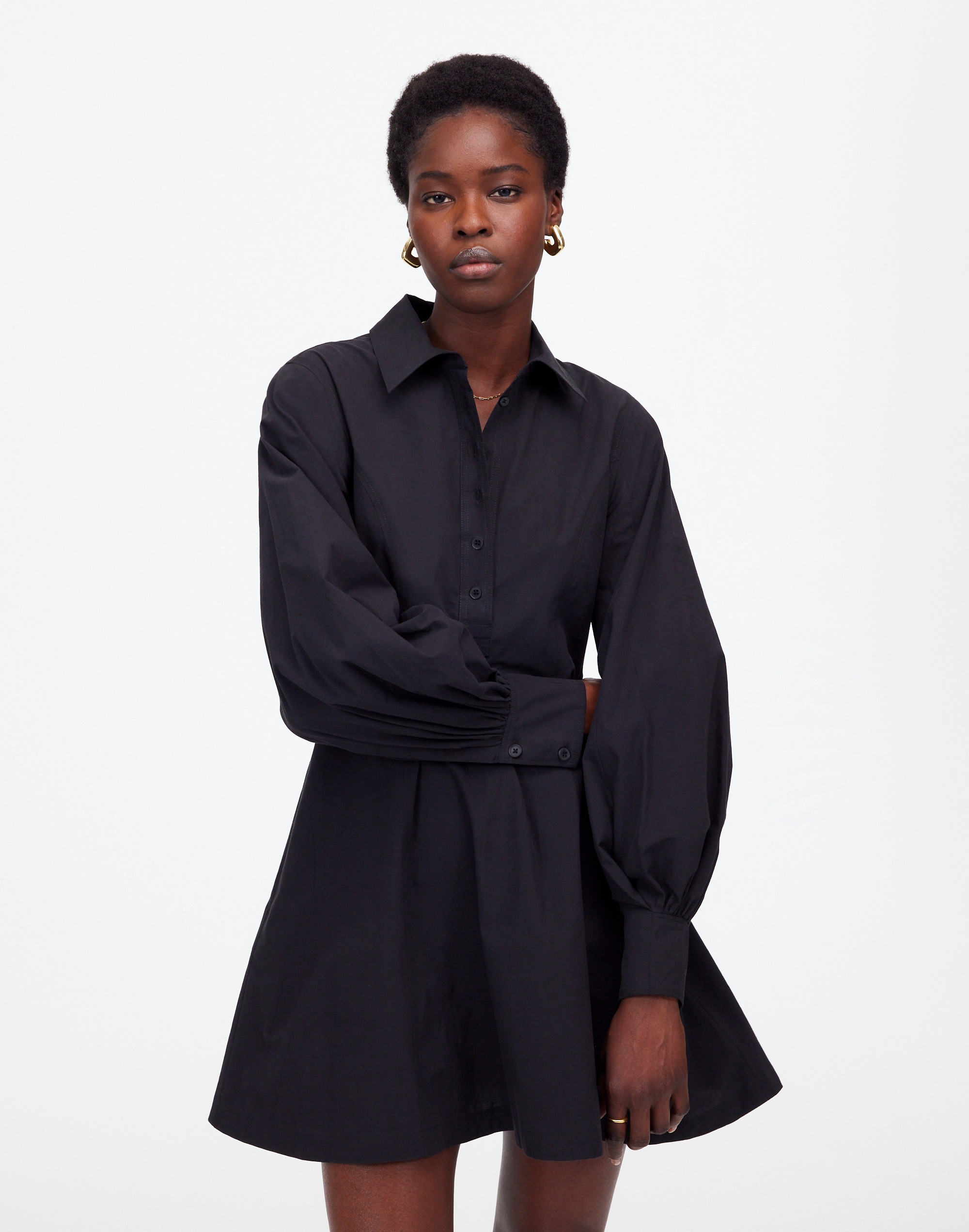 Seamed Long-Sleeve Mini Shirtdress in Poplin