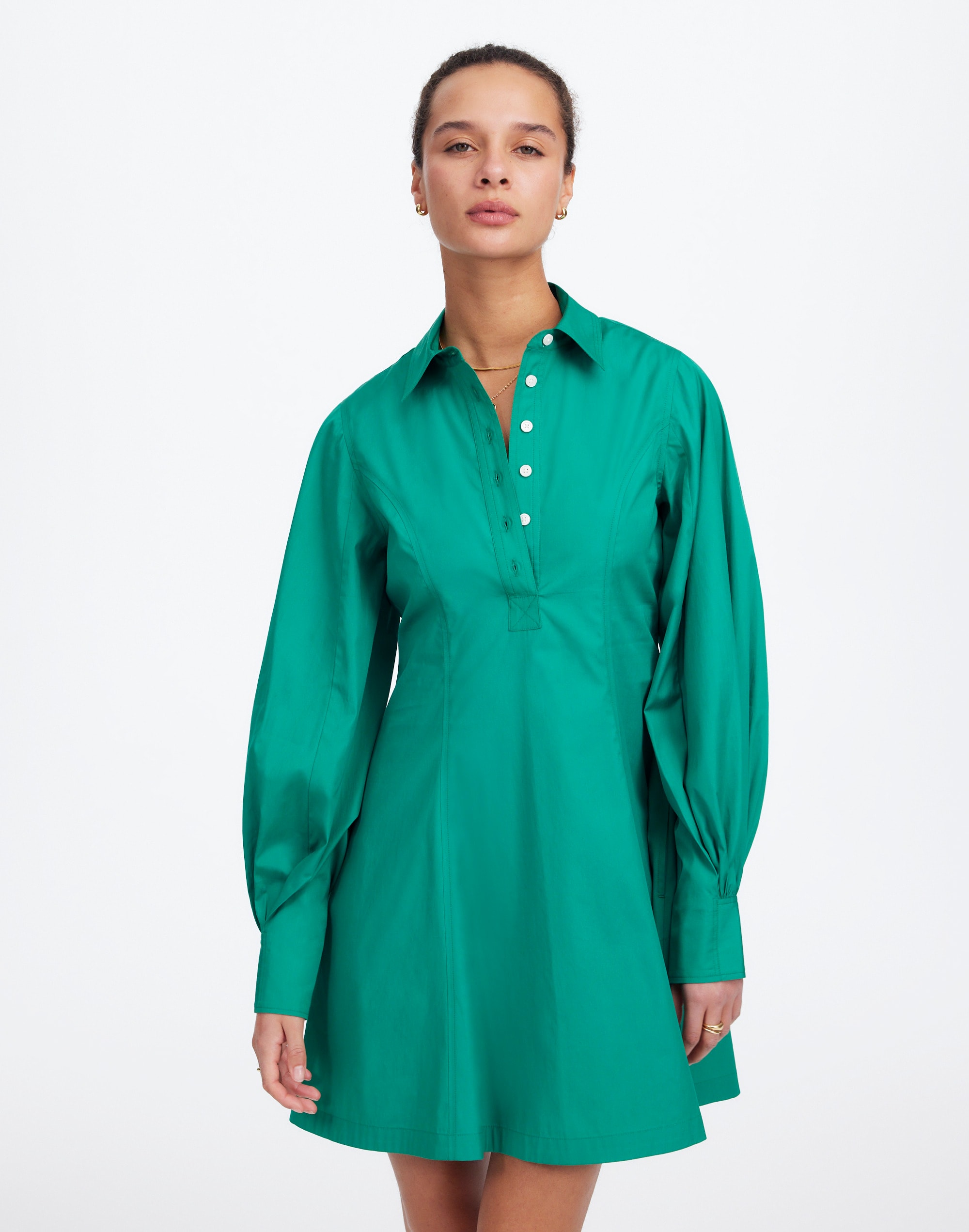Seamed Long-Sleeve Mini Shirtdress in Poplin