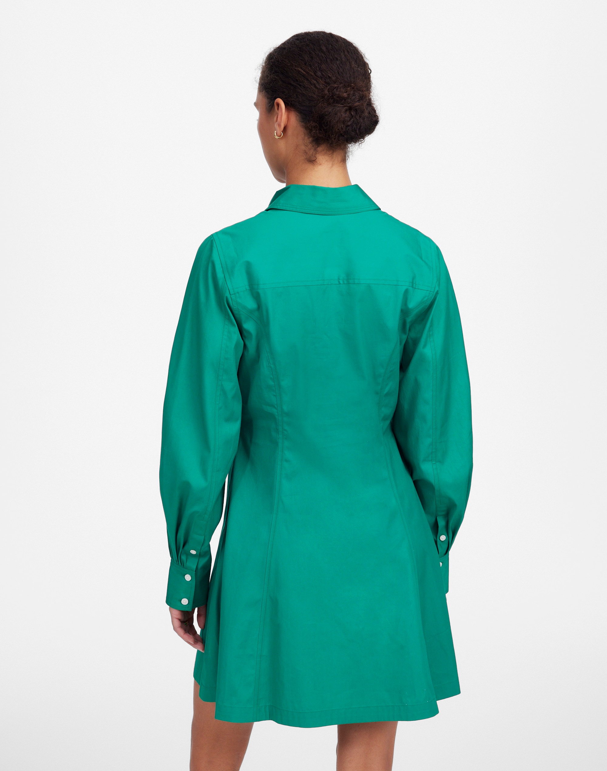 Seamed Long-Sleeve Mini Shirtdress in Poplin