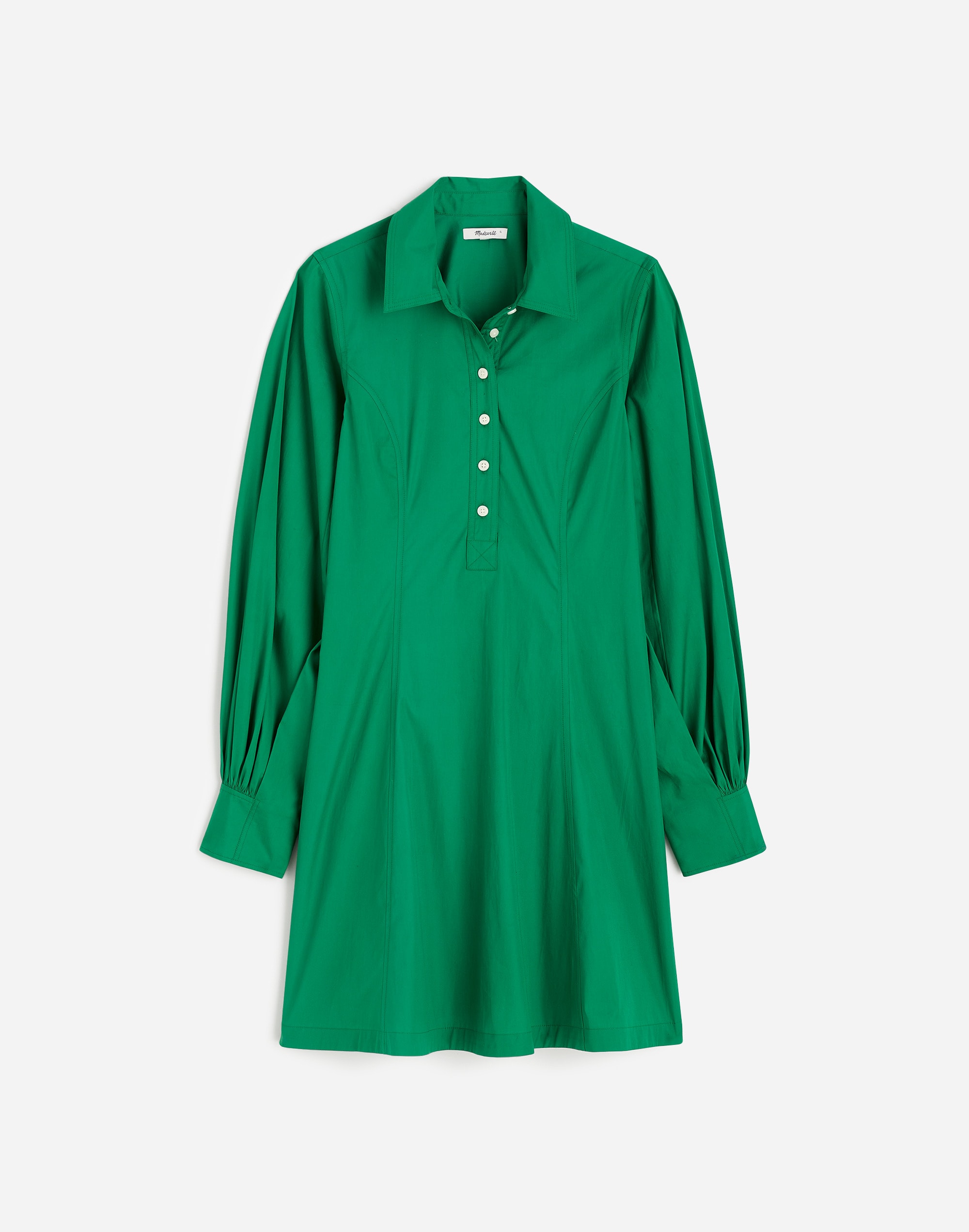 Seamed Long-Sleeve Mini Shirtdress in Poplin