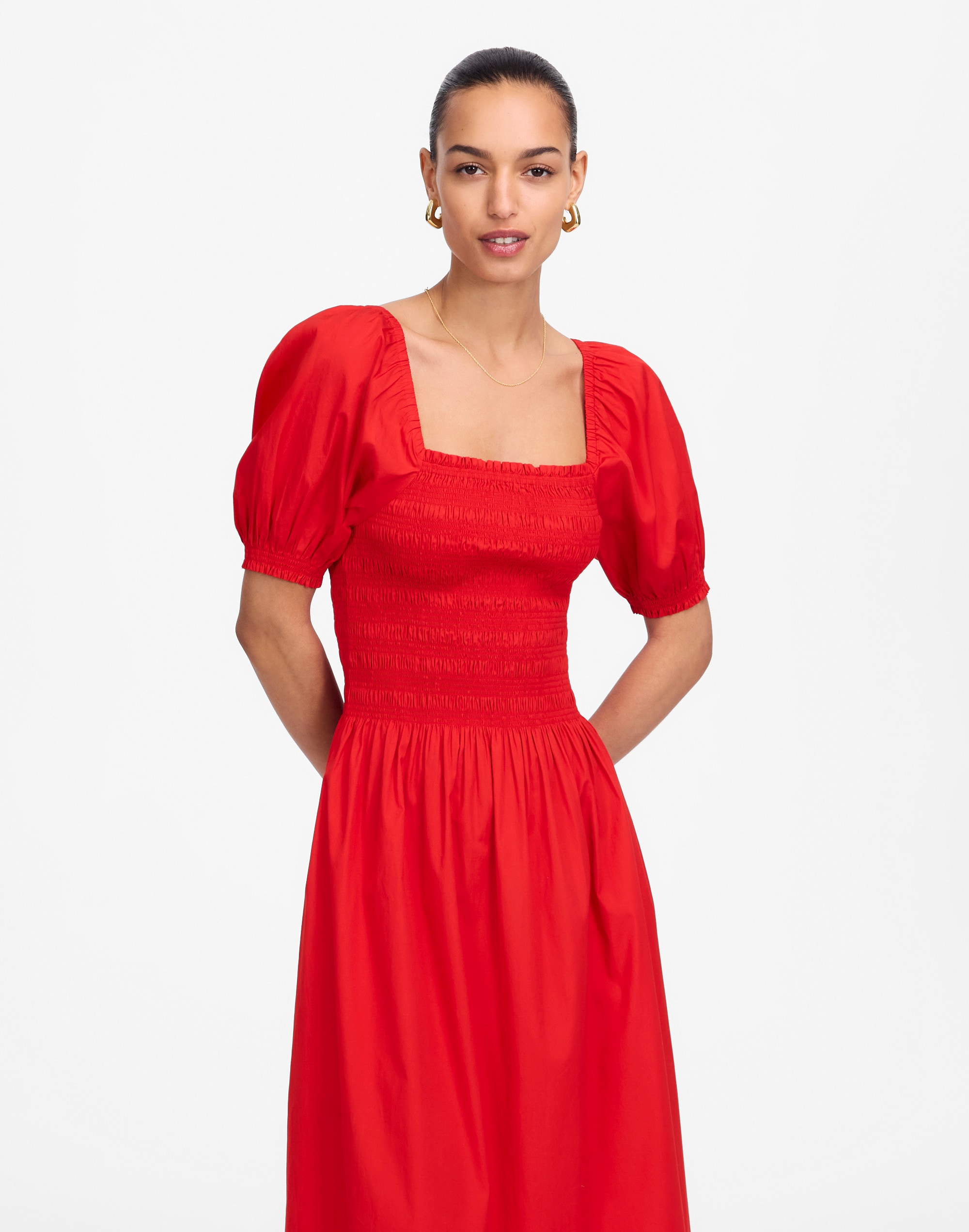 Smocked Puff Sleeve Midi Dress in Poplin