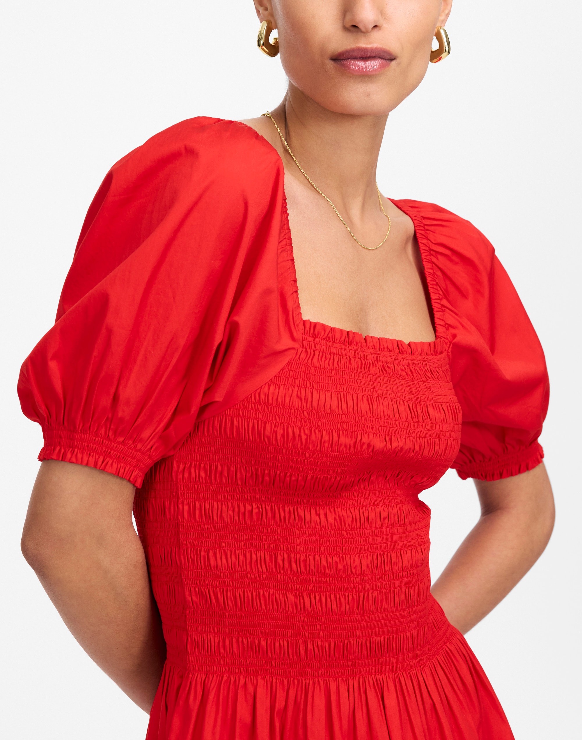 Smocked Puff Sleeve Midi Dress in Poplin